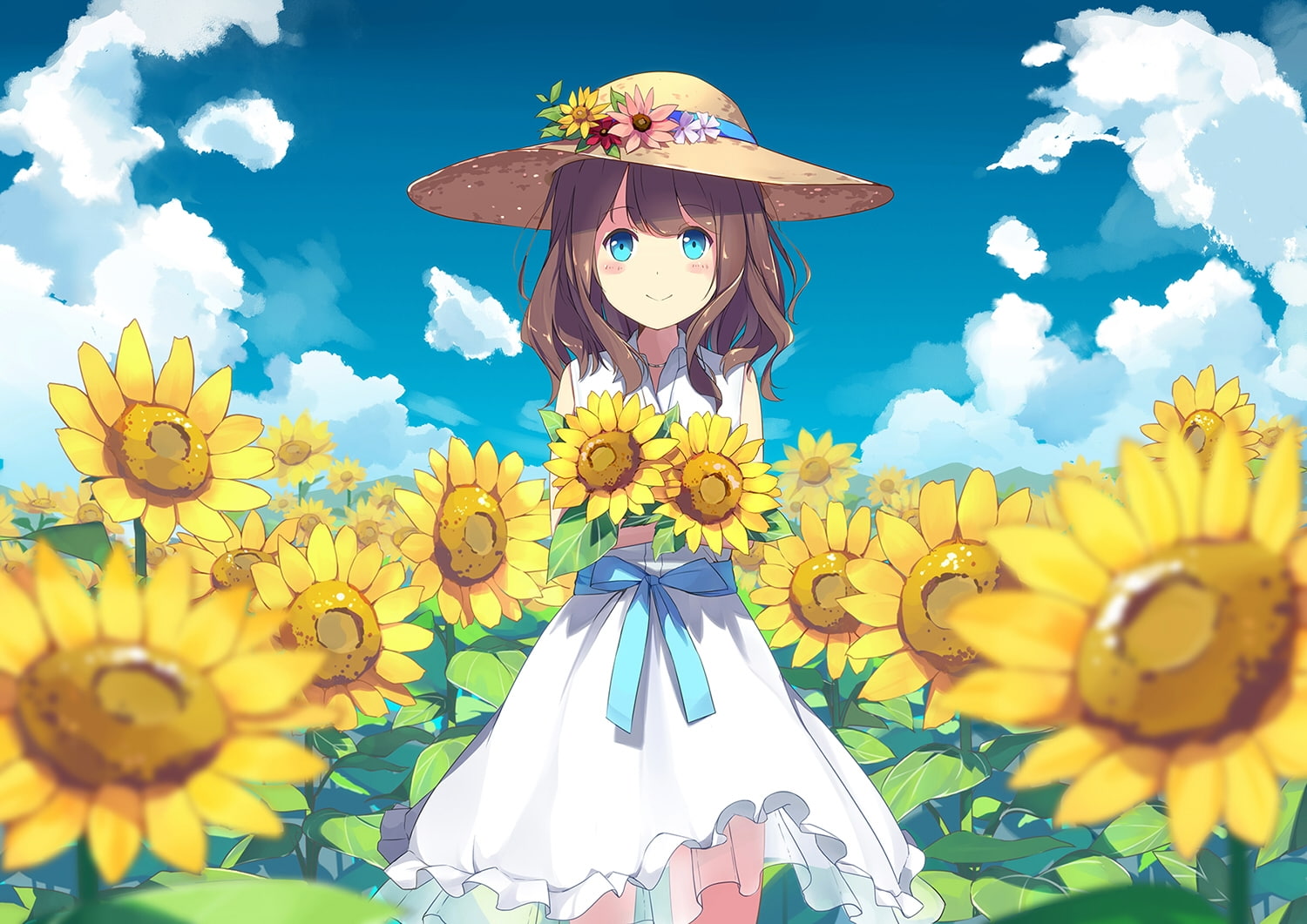 beauty in nature, women, field, growth, yellow, outdoors, clothing, inflorescence, fragility, nature, flower, light dress, pollen, Anime, plant, human representation, HD Wallpaper