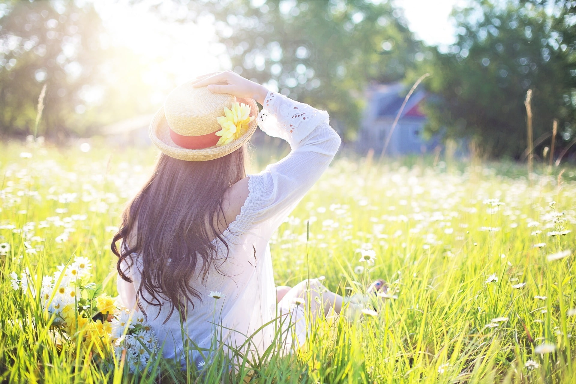 summer, strawhat, daisies, back view, women, grass, Girls, 1080P, HD Wallpaper