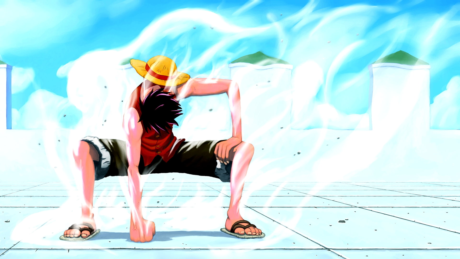 full length, men, lifestyles, sunlight, hairstyle, architecture, strawhat, nature, adult, clothing, day, casual clothing, monkey d. luffy, gomu gomu no mi, HD Wallpaper