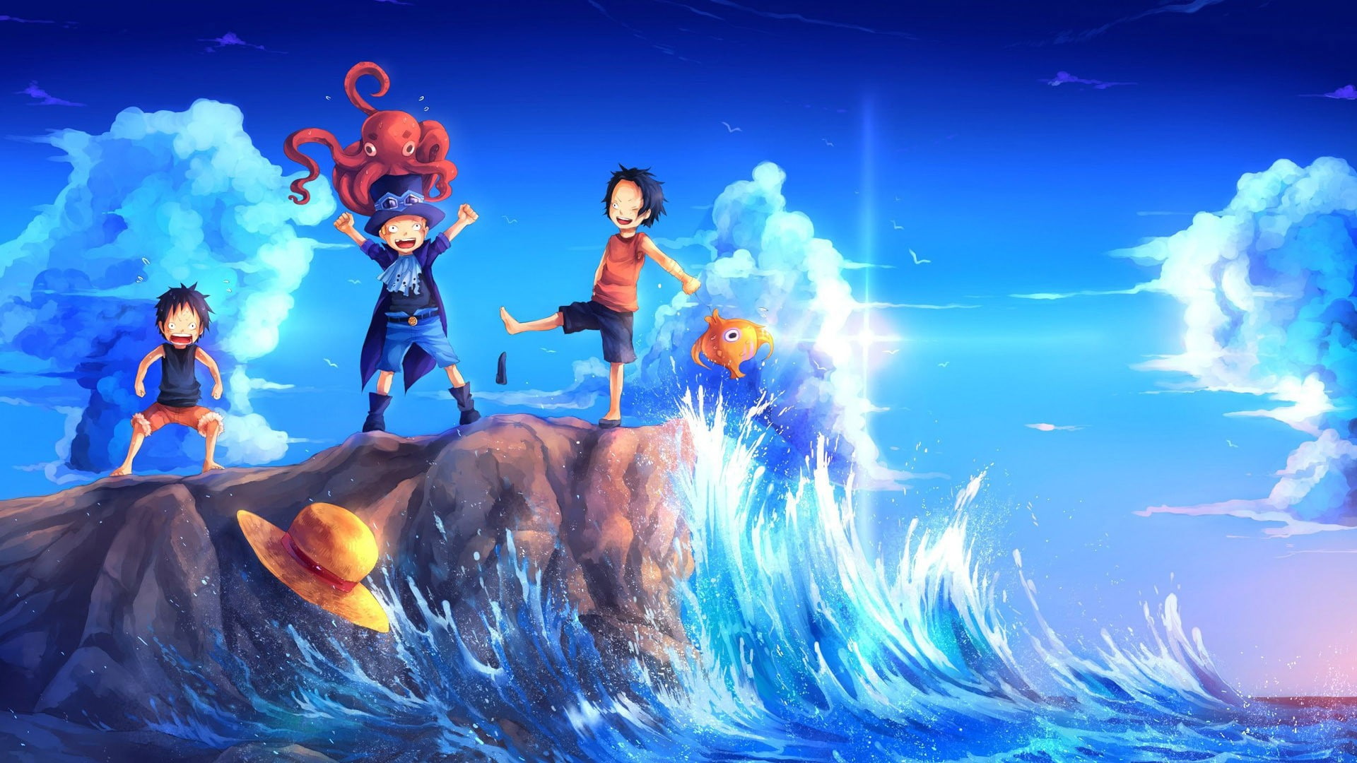 clouds, One Piece, sea, sky, children, Monkey D. Luffy, strawhat pirates, smiling, Portgas D. Ace, straw hat, 1080P, HD Wallpaper