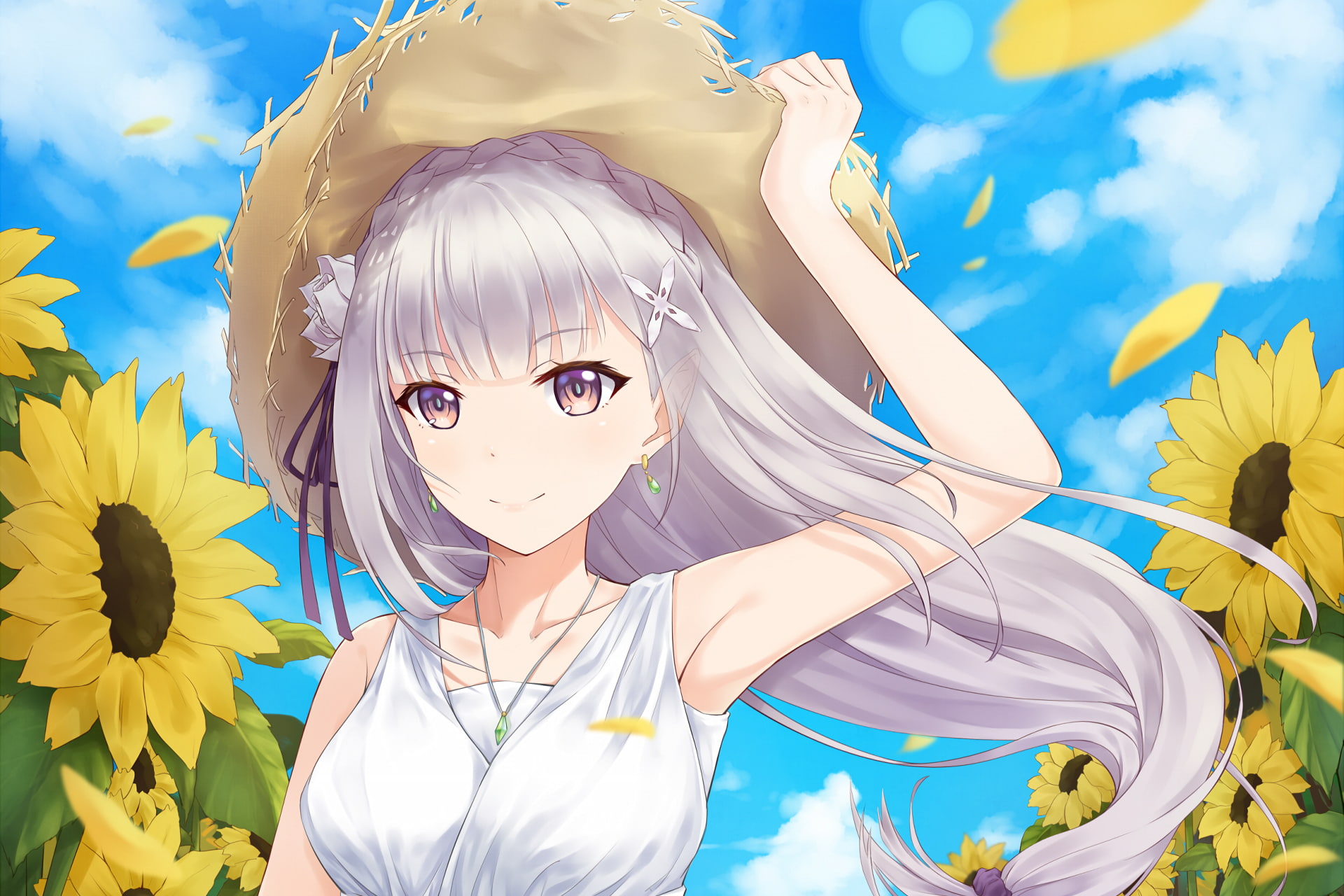 Re:Zero kara Hajimeru Isekai Seikatsu, sunflowers, light dress, smiling, strawhat, Anime, emilia, 1080P, summer, HD Wallpaper
