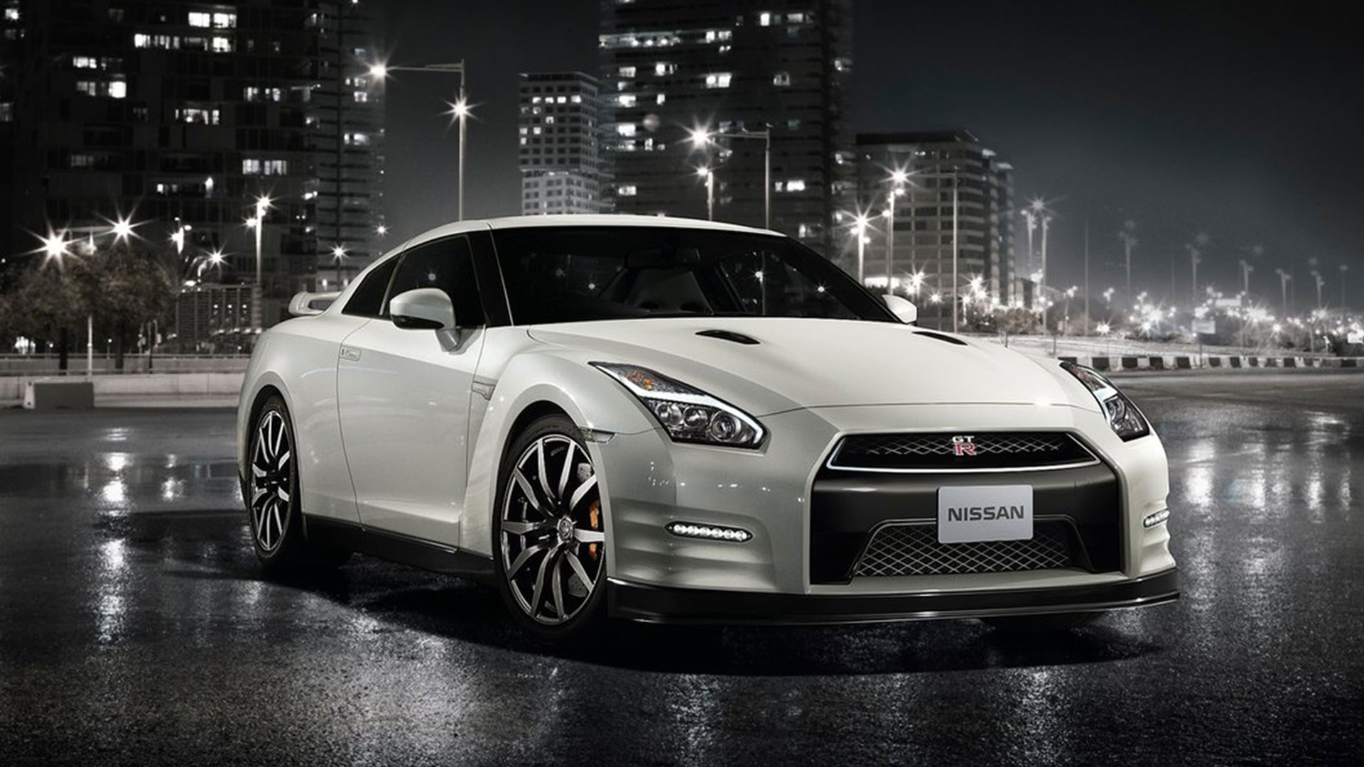 rain, nissan gtr theme background images, vitality, luxury, street, 1080P, motor vehicle, road, street light, night, silver colored, transportation, motion, HD Wallpaper
