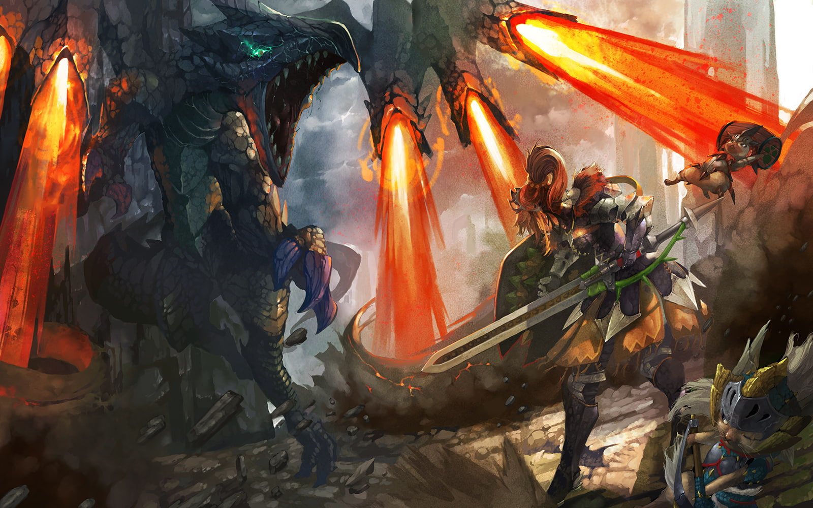 hair, animal, ponytail, weapon, 257049, rathalos, sword, long, orange, konachan, monster, 720P, (armor), hunter, tagme, (character), felyne, satoshi1923, HD Wallpaper