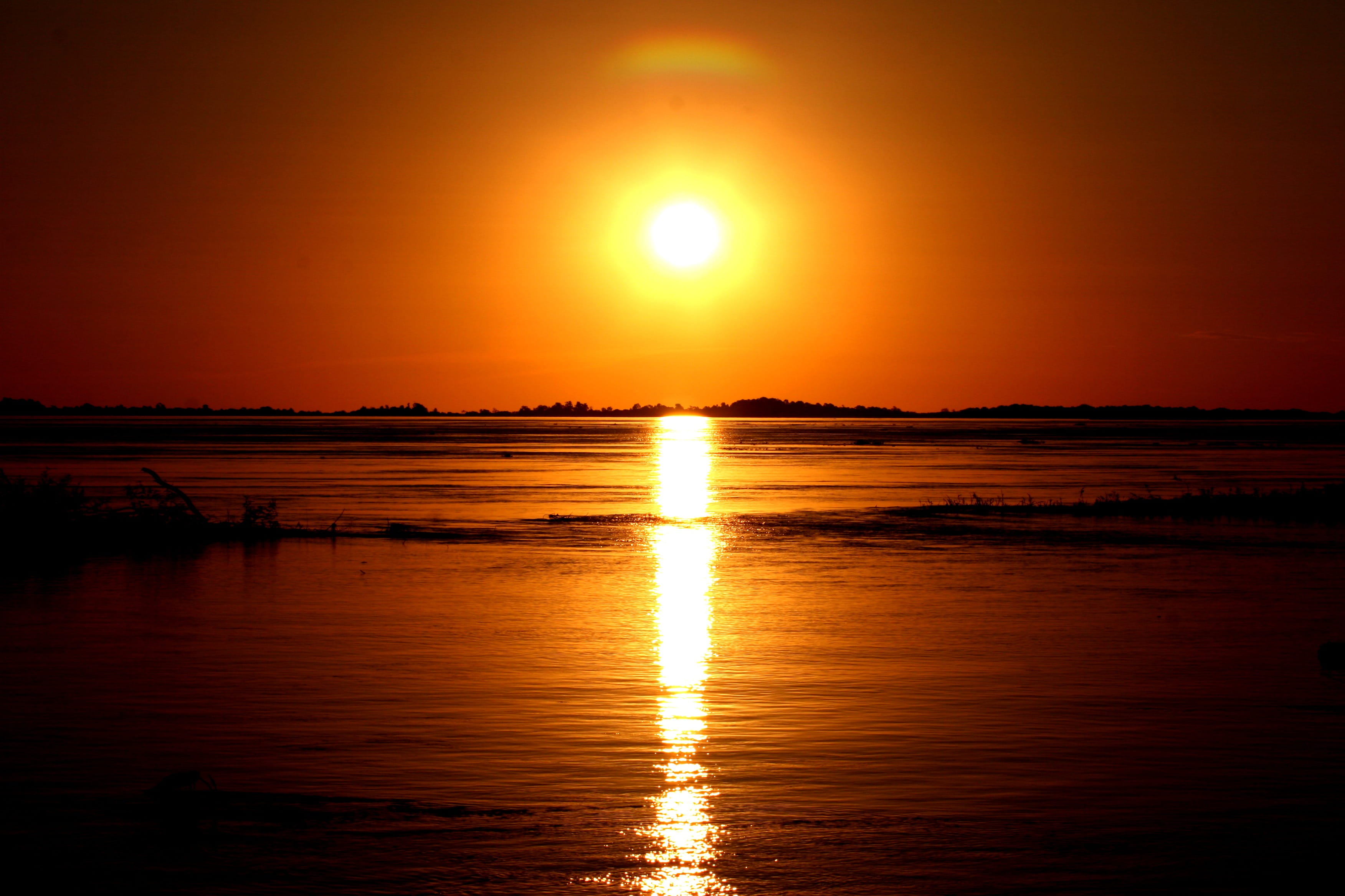 nature, scenics - nature, idyllic, reflection, beach, sun, outdoors, sunset, amazon river, waterfront, sea, orange color, amazonas, sky, silhouette, beauty in nature, HD Wallpaper