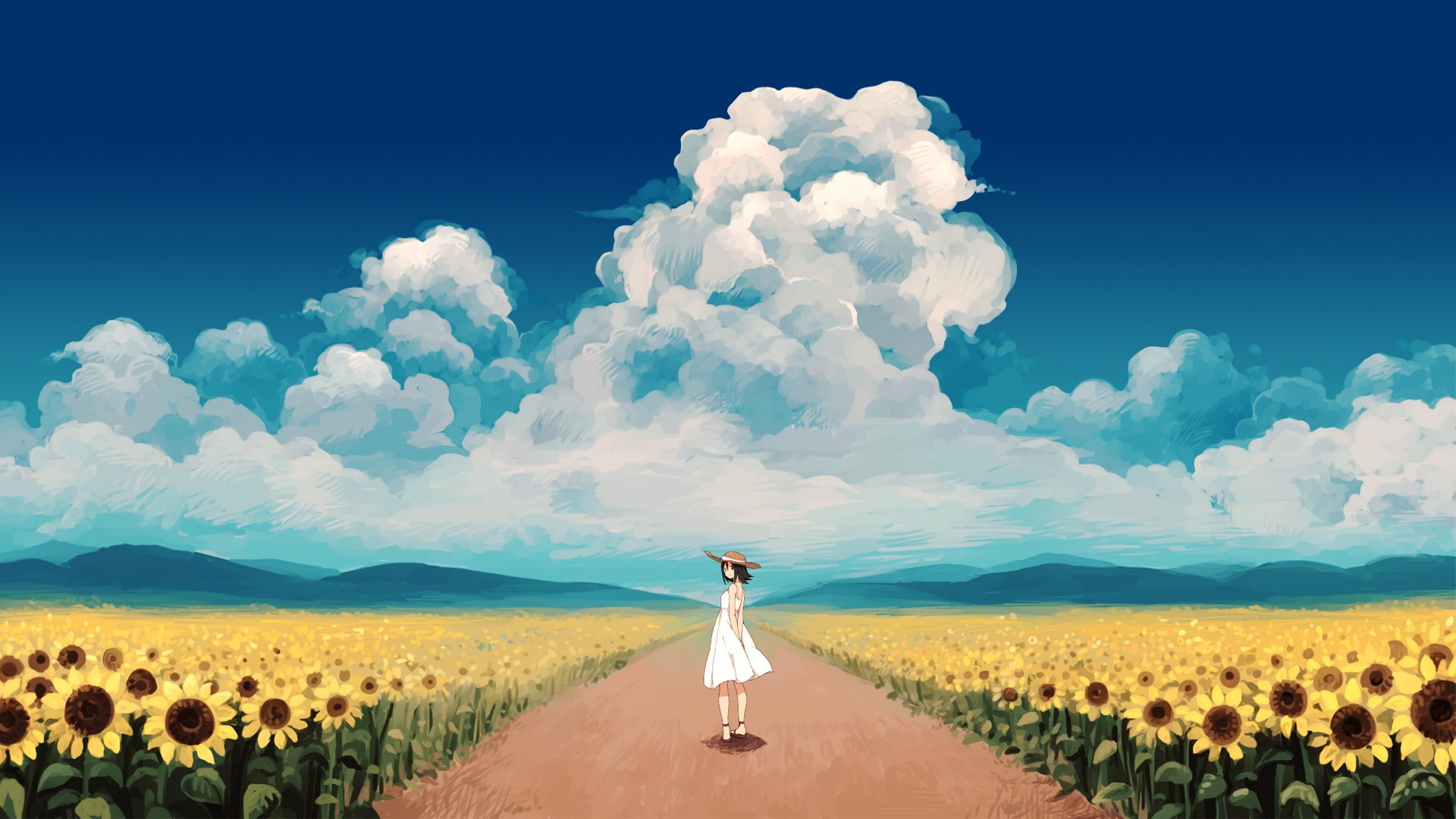 clouds, looking back, 1080P, dress, sunflowers, Osu, anime girls, HD Wallpaper