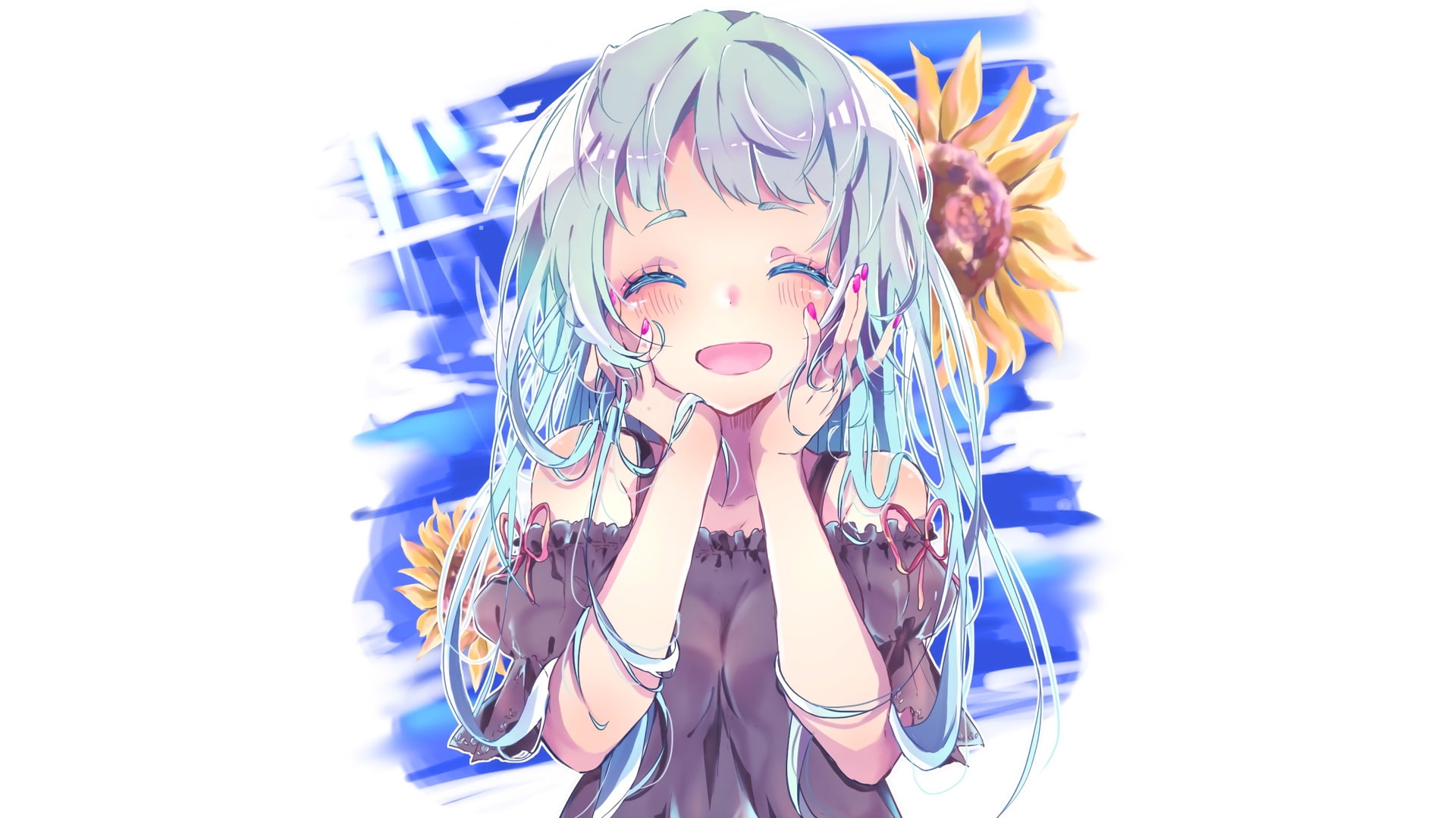 anime, manga, summer, anime girls, sunflowers, simple background, blue hair, 1080P, minimalism, HD Wallpaper