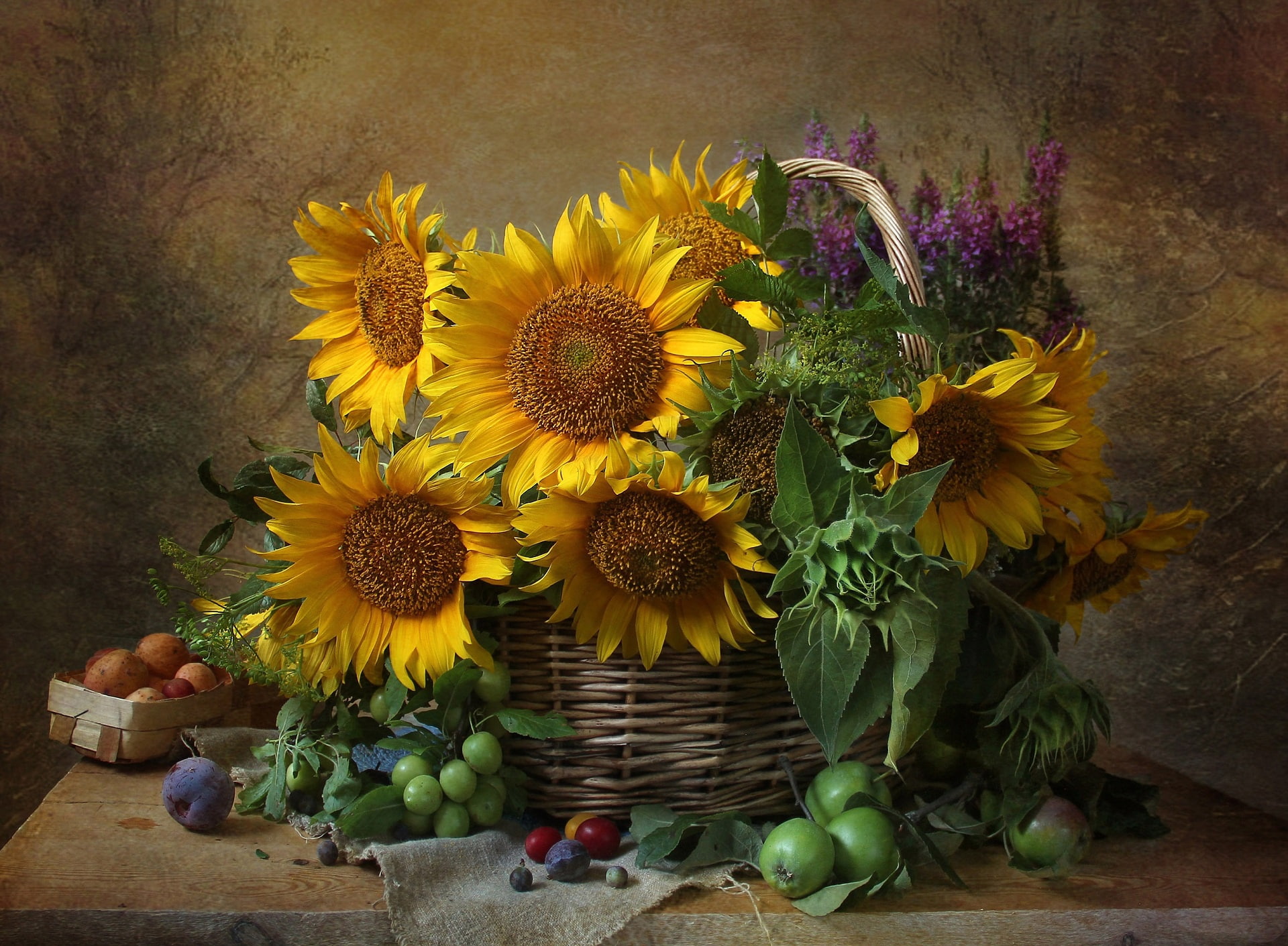 sunflower, still life, Apple, 1080P, flowers, drain, HD Wallpaper