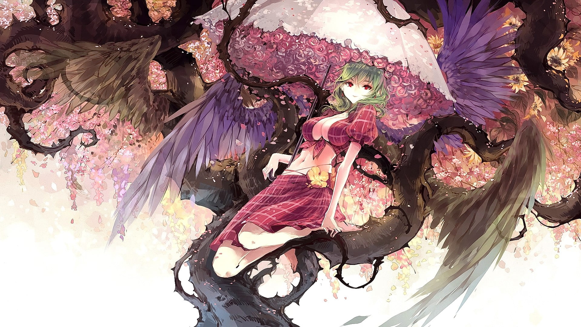 1080P, long hair, flowers, Touhou, green hair, indoors, flowering plant, still life, Kazami Yuuka, bird, smiling, plant, high angle view, nature, feather, HD Wallpaper