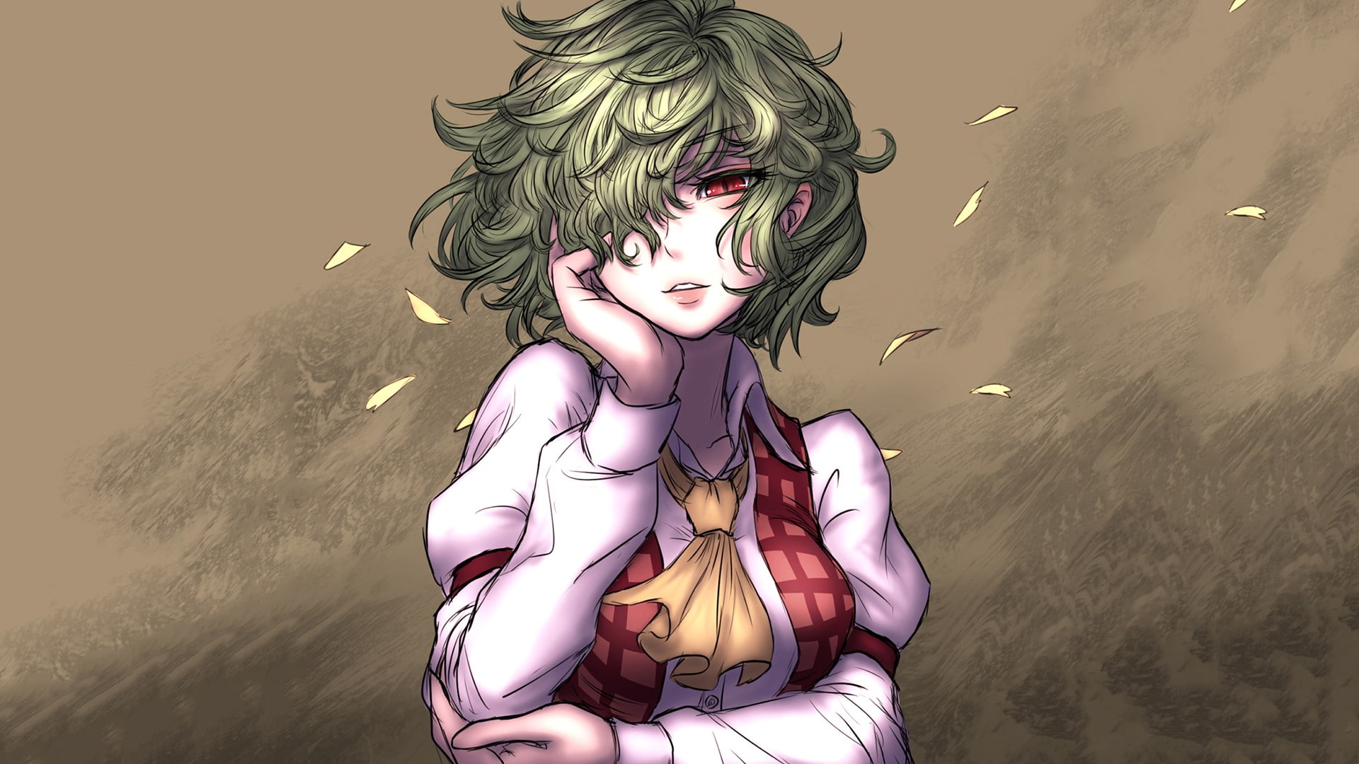 nature, religion, human representation, flower petals, female likeness, fairy, creativity, spirituality, Touhou, waist up, red eyes, hairstyle, green hair, HD Wallpaper