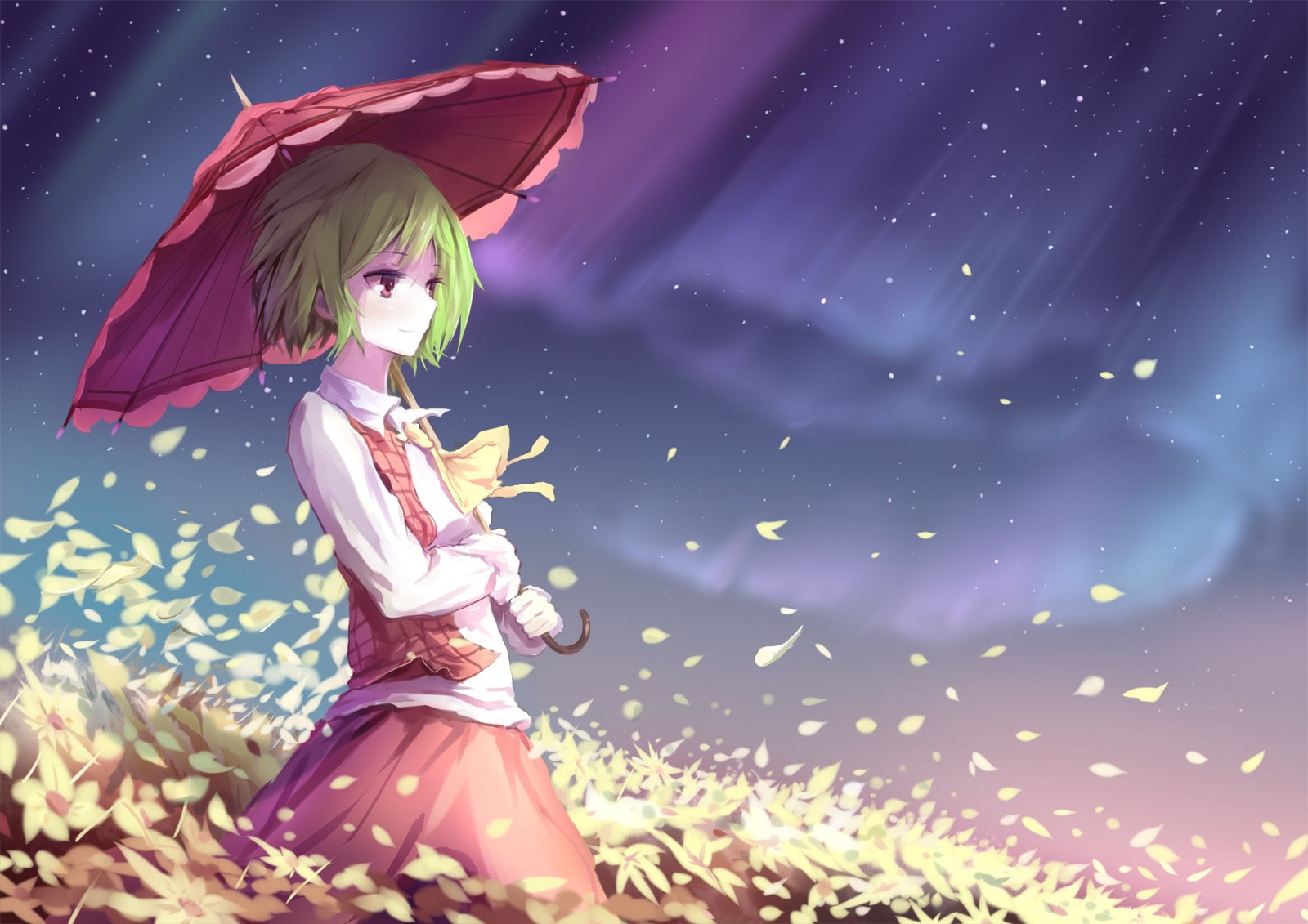 720P, anime, jacket, hair, short hair, Kazami Yuuka, shirt, sky, pink color, young women, women, umbrella, clothing, fashion, green hair, young adult, HD Wallpaper