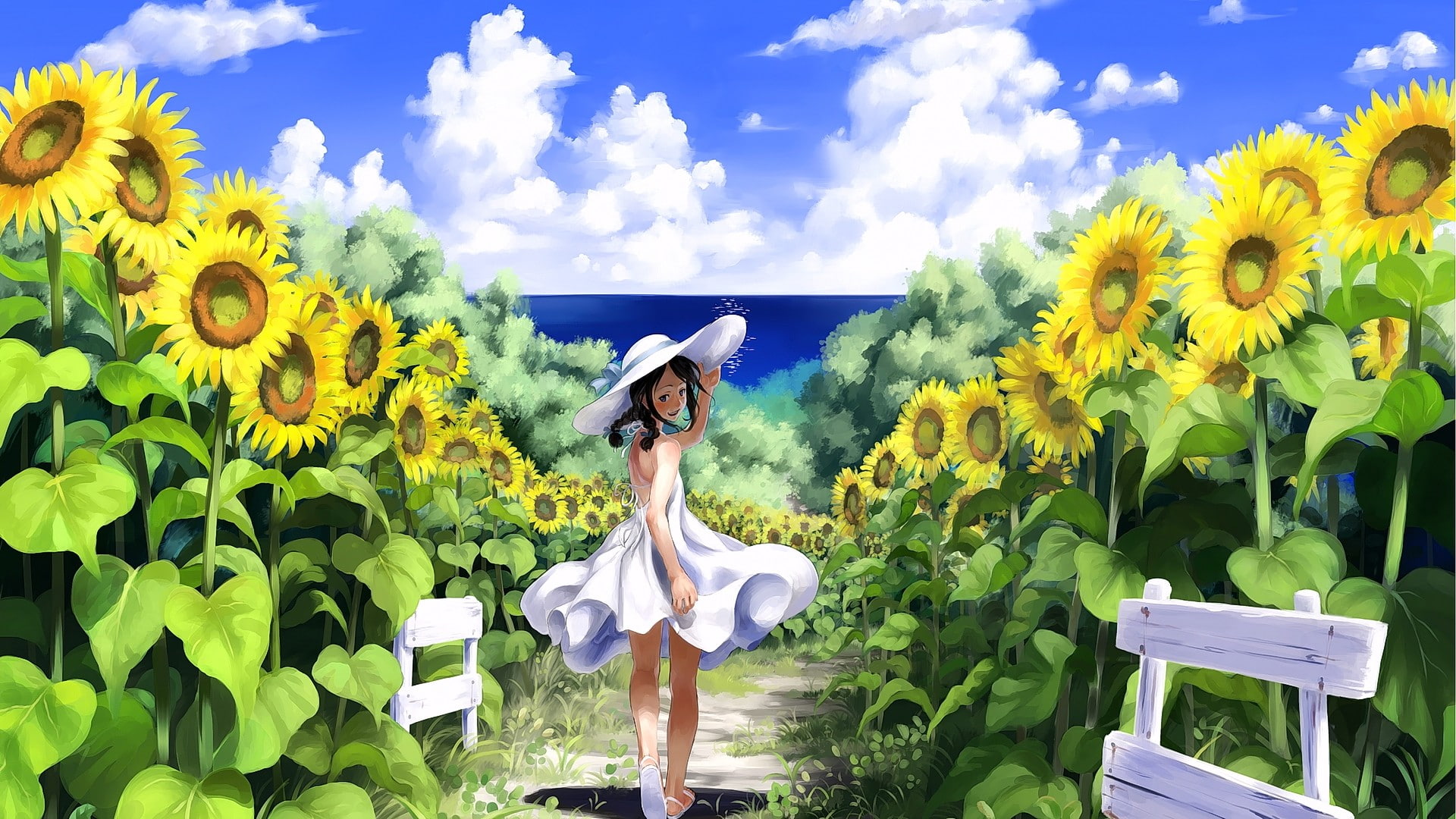 original characters, anime girls, 1080P, sunflowers, HD Wallpaper