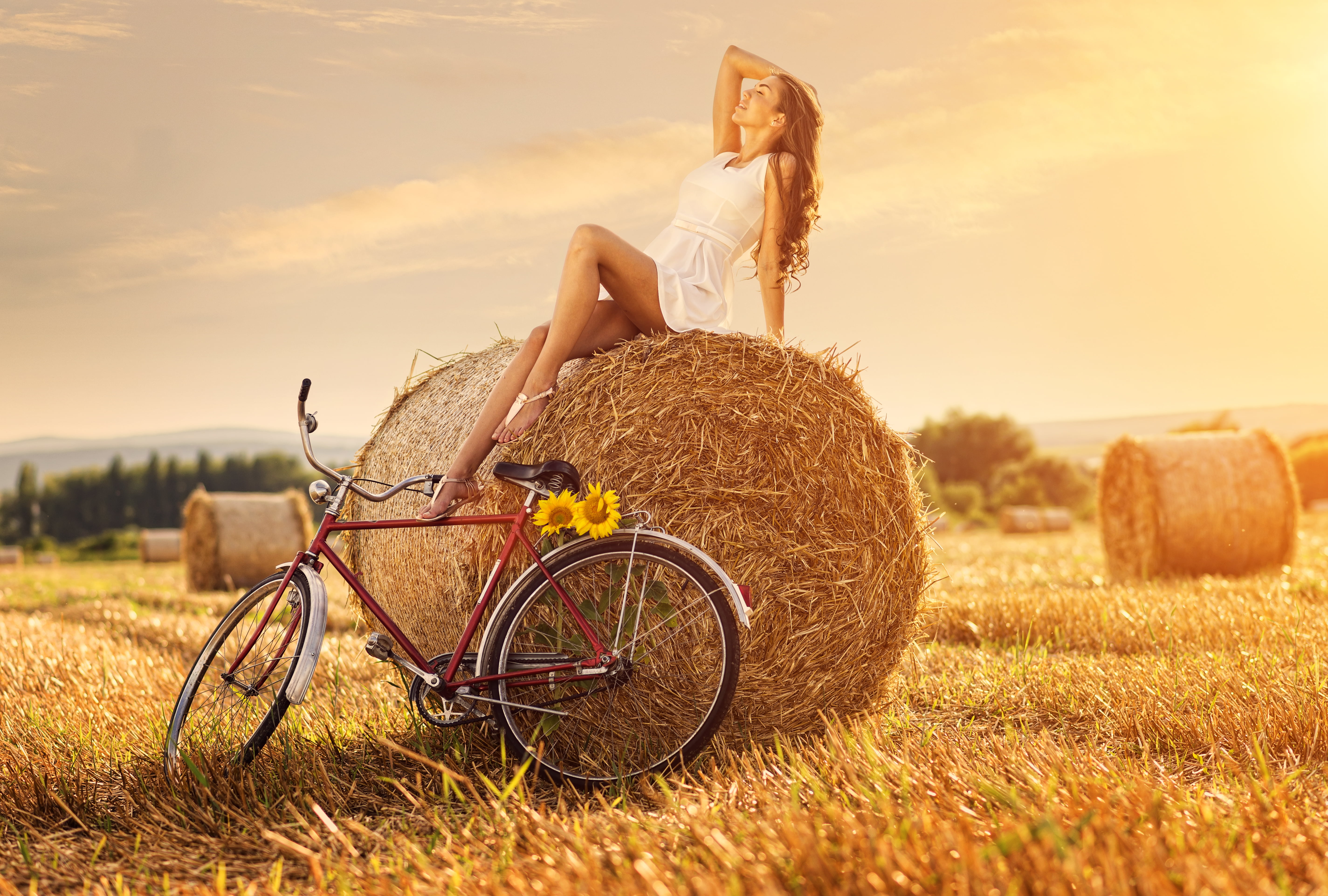 bike, blond Hair, sunlight, old-fashioned, yellow, retro Styled, nature, haystack, red, joy, gold Colored, enjoyment, 5K, sunflower, dress, rural Scene, HD Wallpaper