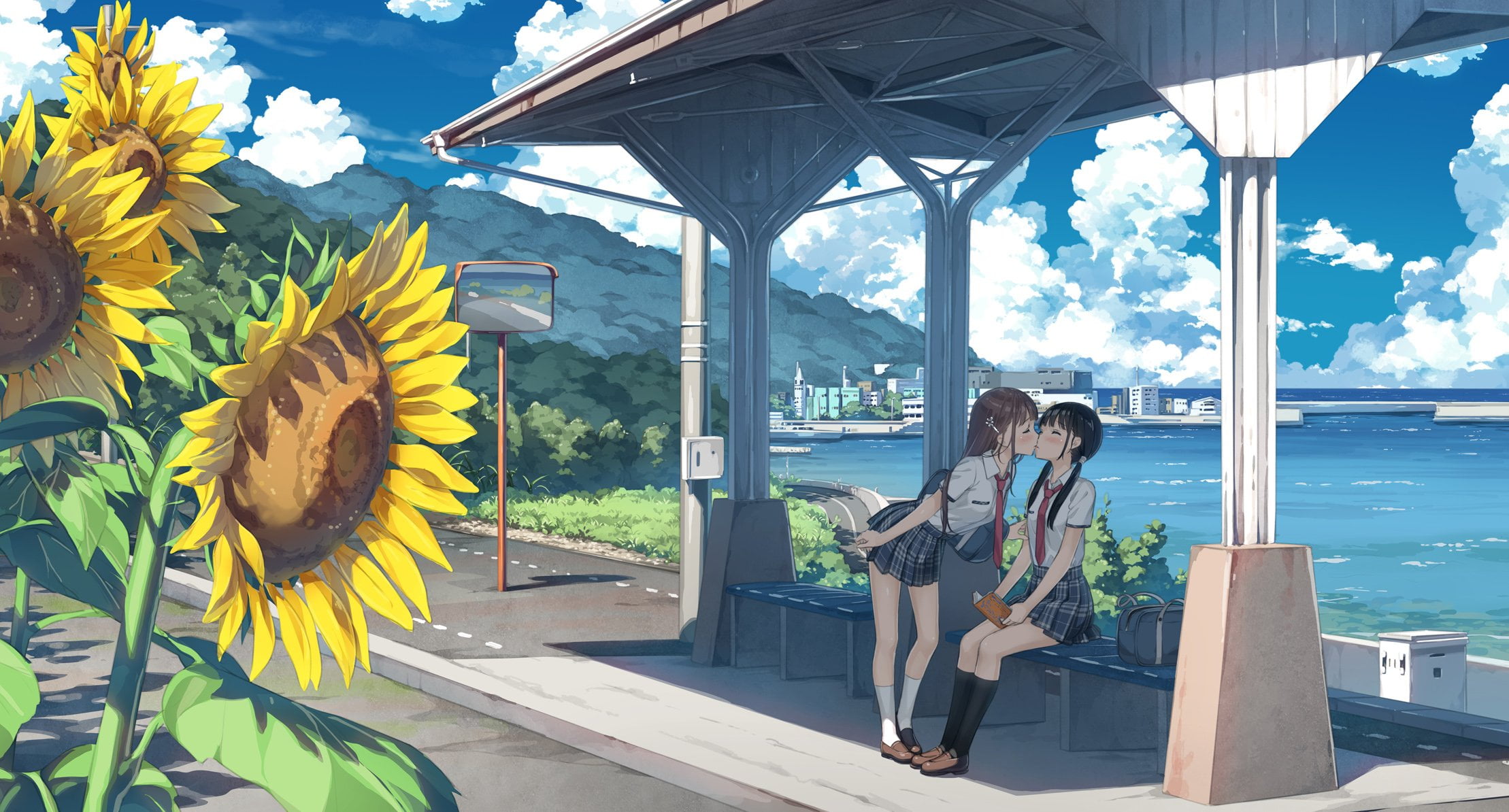 kissing, sky, sunflowers, flowers, schoolgirl, yuri, anime, 1080P, anime girls, miniskirt, outdoors, HD Wallpaper