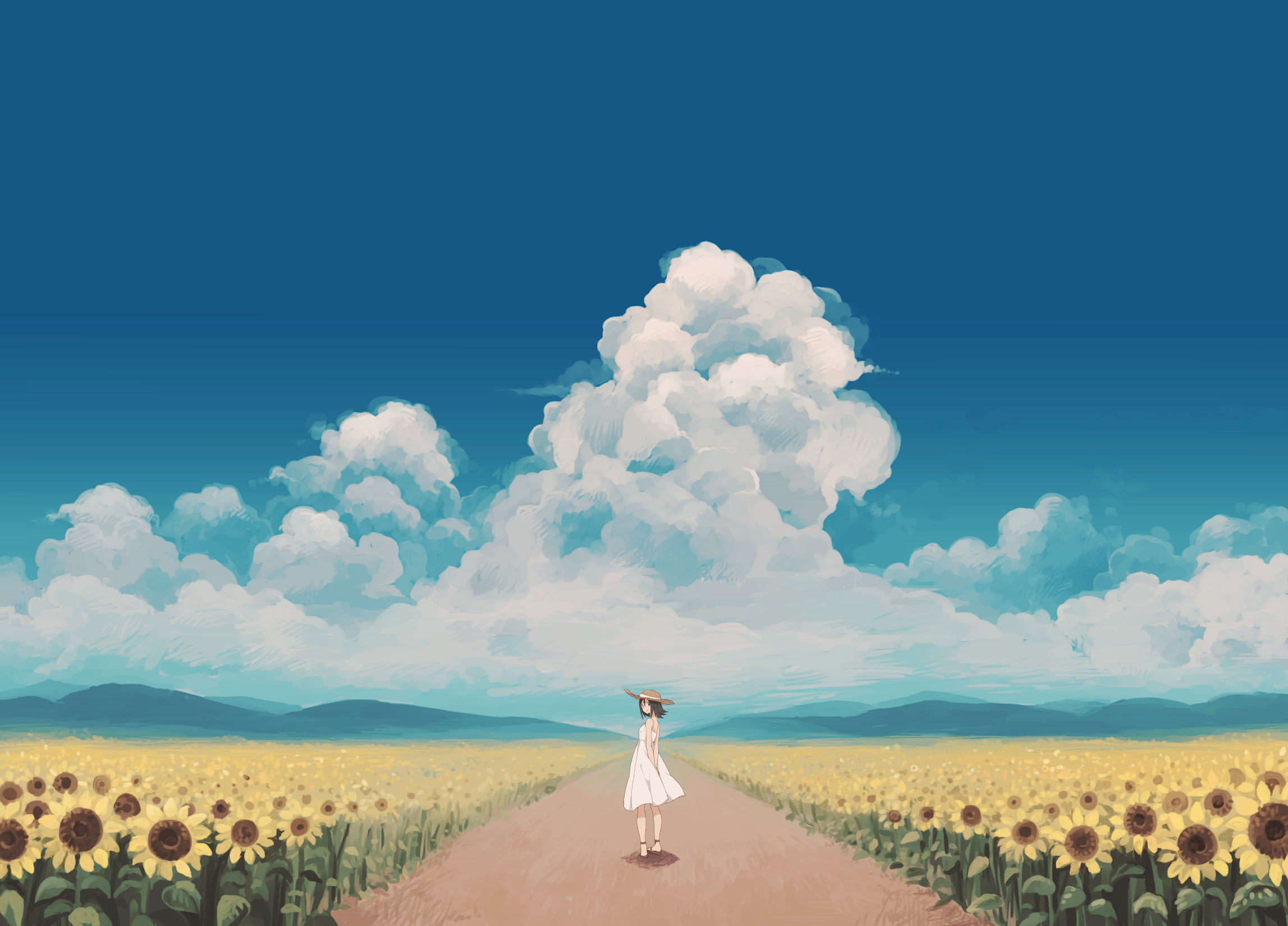 leisure activity, digital composite, outdoors, environment, sunflowers, dress, day, women, real people, cloud - sky, lifestyles, beauty in nature, anime, HD Wallpaper