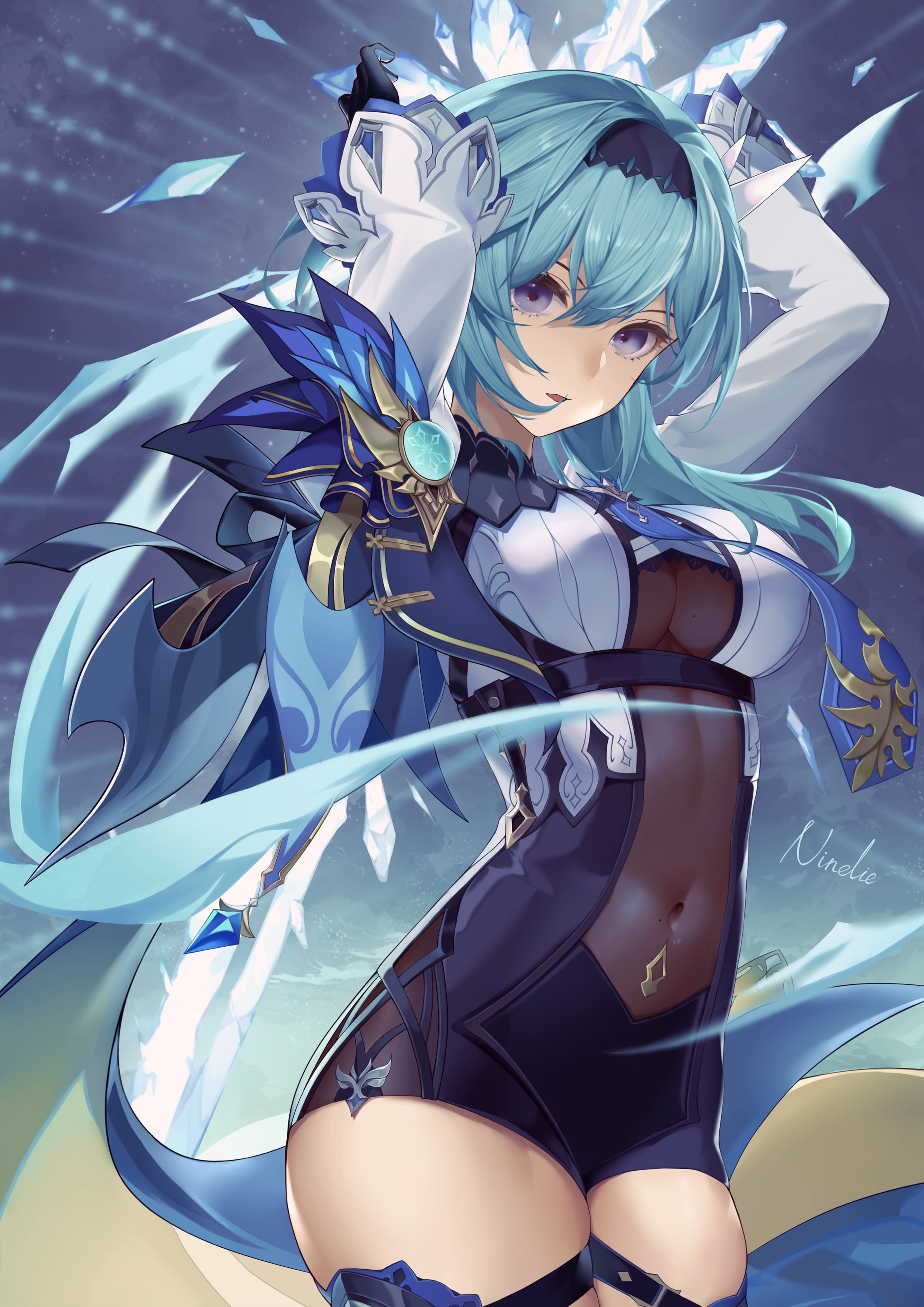 anime girls, 2K, Eula(Genshin impact), cleavage, belly, Genshin Impact, Phone HD Wallpaper
