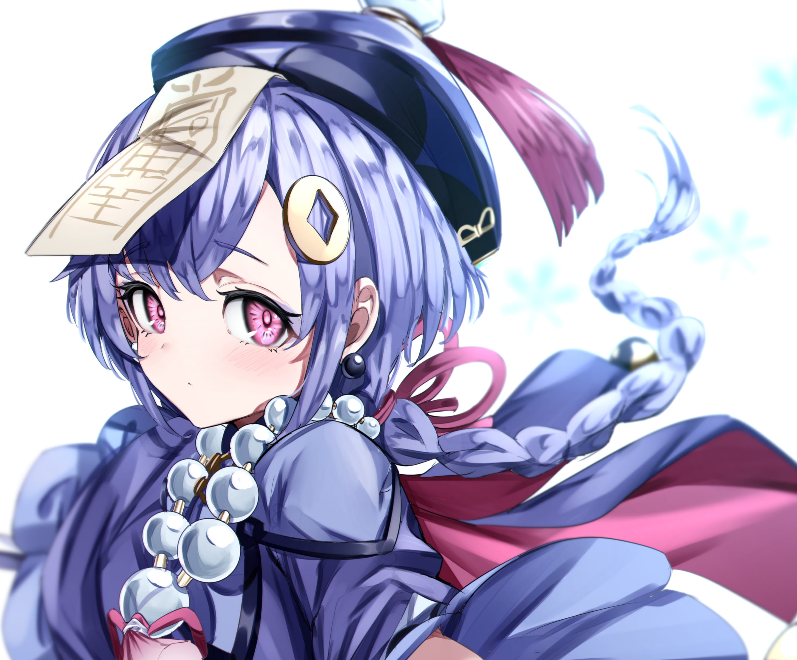 hair pins, Qiqi (Genshin Impact), looking at viewer, digital art, video games, anime girls, 2K, bangs, pink eyes, Genshin Impact, anime games, fan art, HD Wallpaper