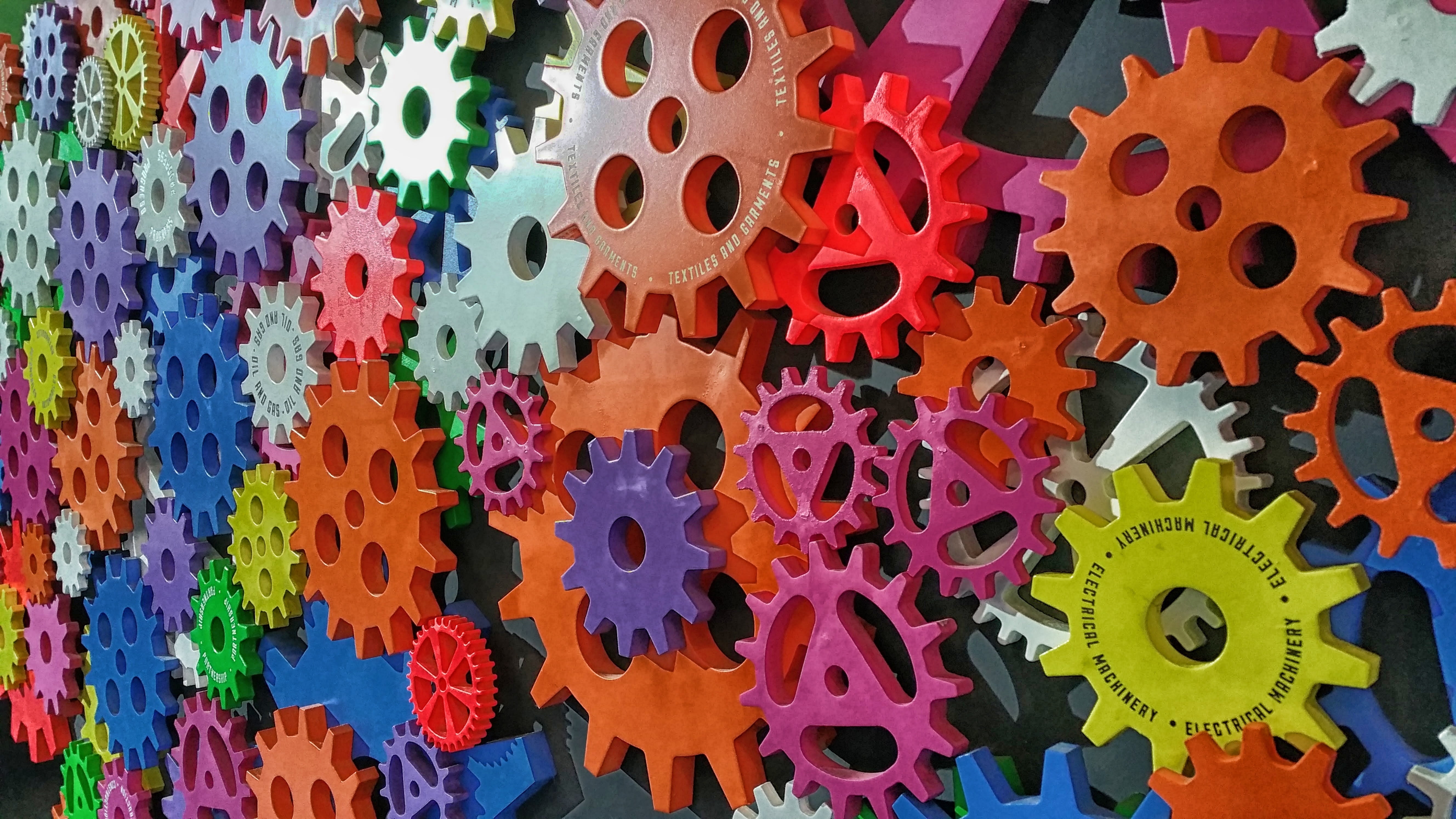creativity, pattern, art and craft, shape, machine part, abundance, red, colors, gear, industrial, purple, full frame, no people, 5K, large group of objects, HD Wallpaper