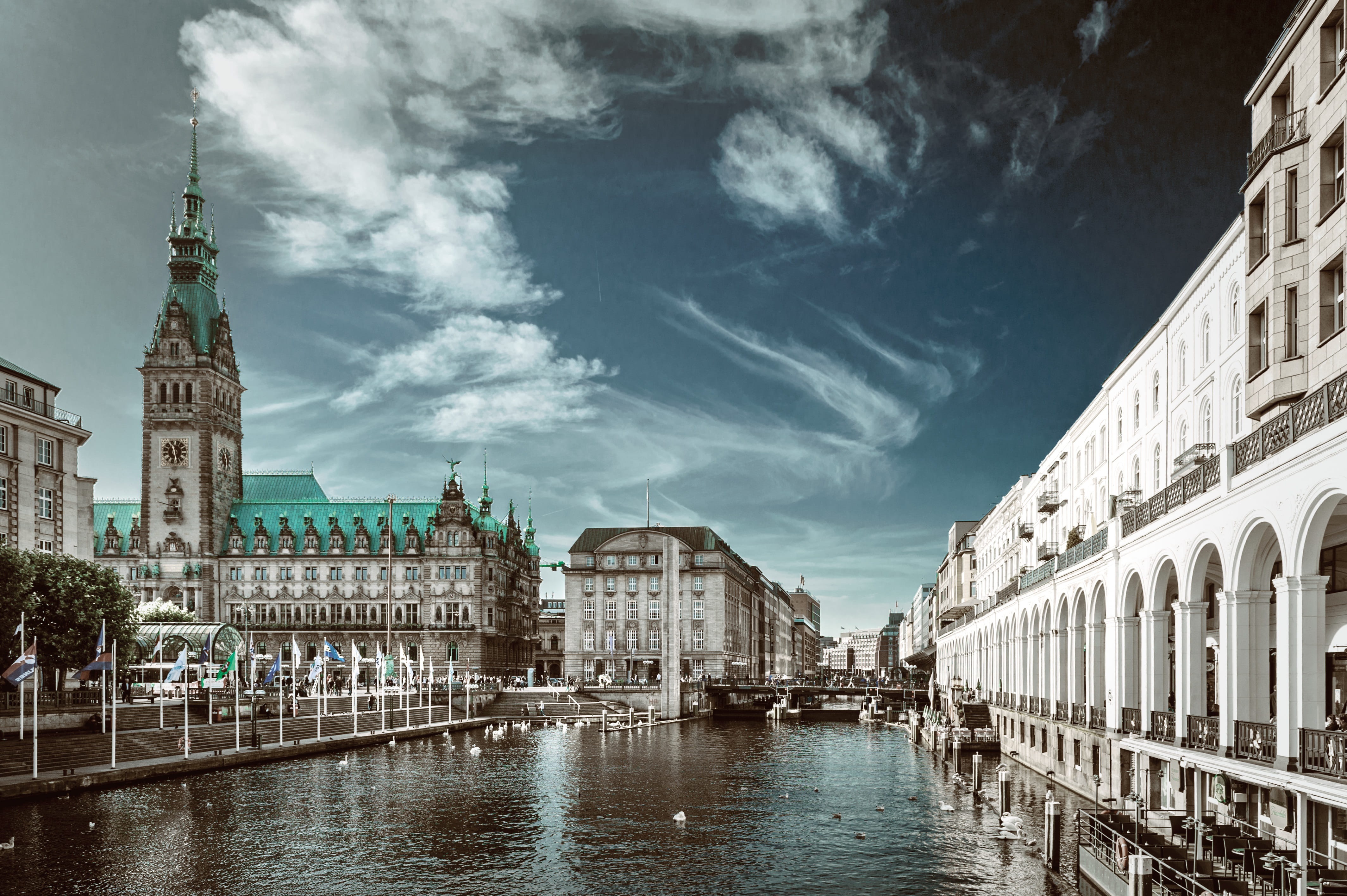 day, travel destinations, building, tourism, 4K, waterfront, jungfernstieg, river, travel, incidental people, water, canal, nature, city, outdoors, building exterior, HD Wallpaper