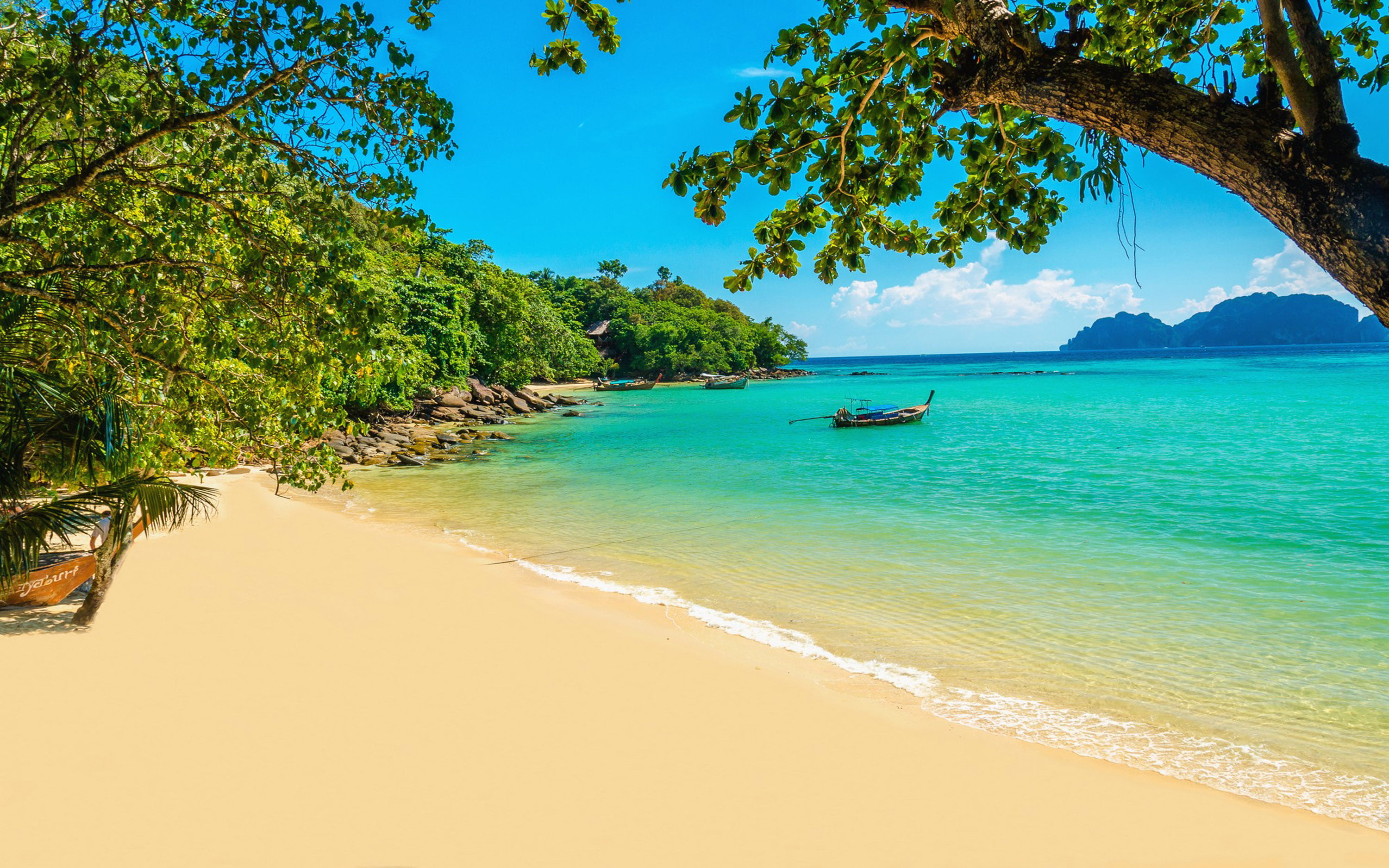 peninsula, cao, tree, nautical vessel, plant, sea, beach, mode of transportation, beaches, turquoise, phuket, sailboat, 2K, tranquility, tranquil scene, HD Wallpaper