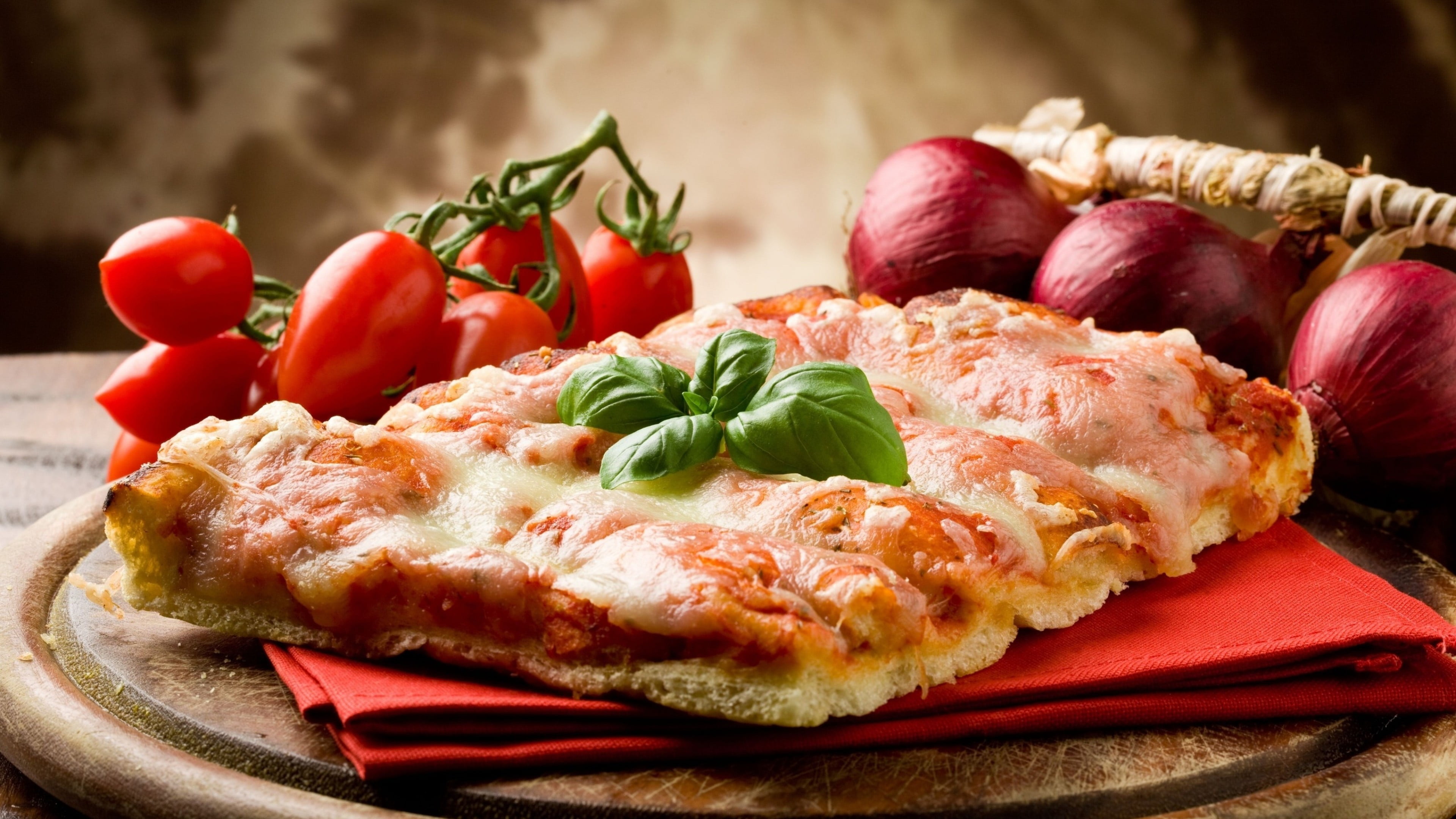 tomato, freshness, meat, pizza, table, 4K, healthy eating, vegetable, baked, herb, ready-to-eat, italian food, serving size, fruit, basil, food and drink, HD Wallpaper