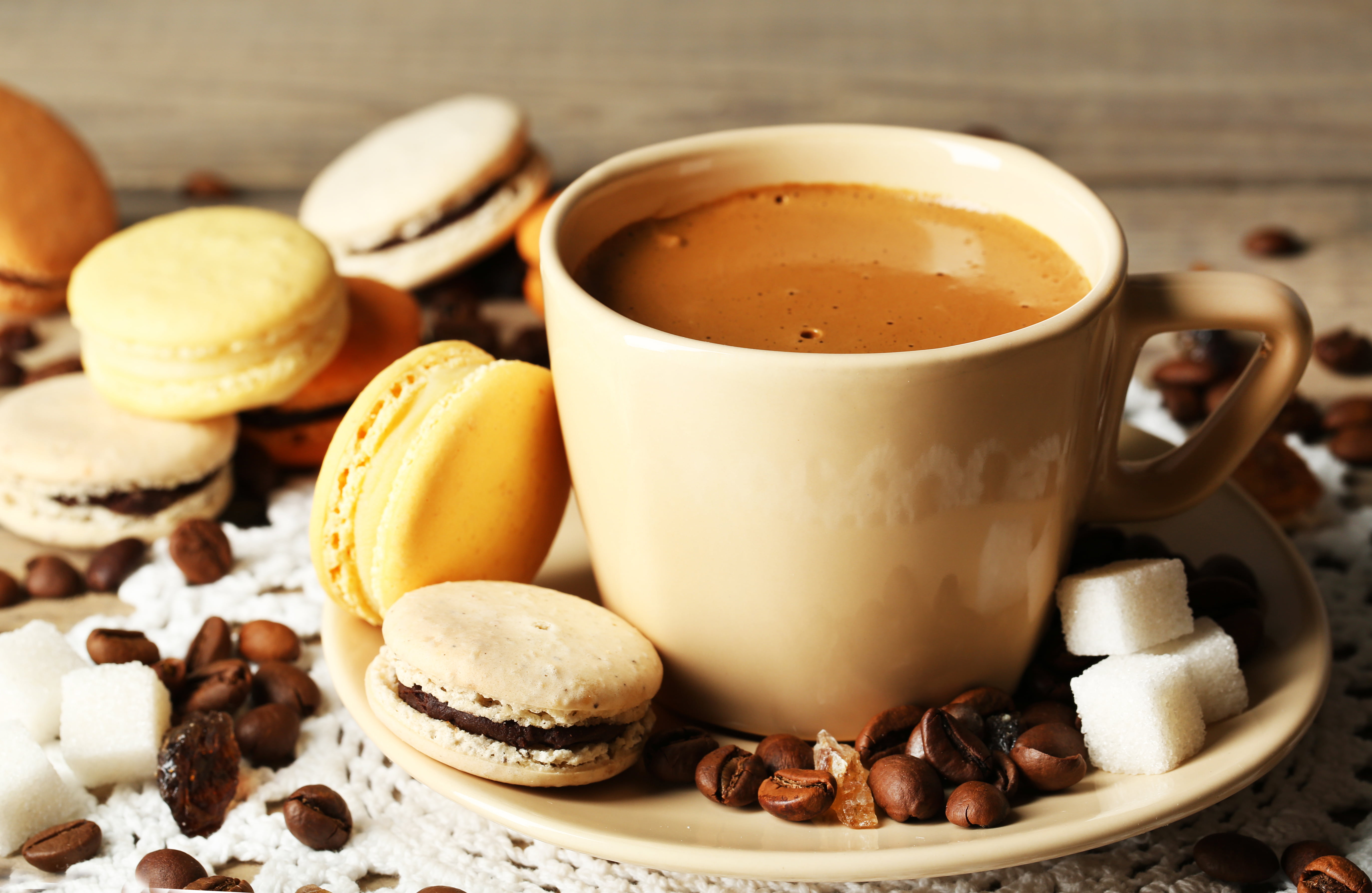 drink, dessert, crockery, cookies, mug, snack, almond, temptation, Cup, grain, food, no people, macaron, close-up, still life, sweet, food and drink, sweet food, HD Wallpaper