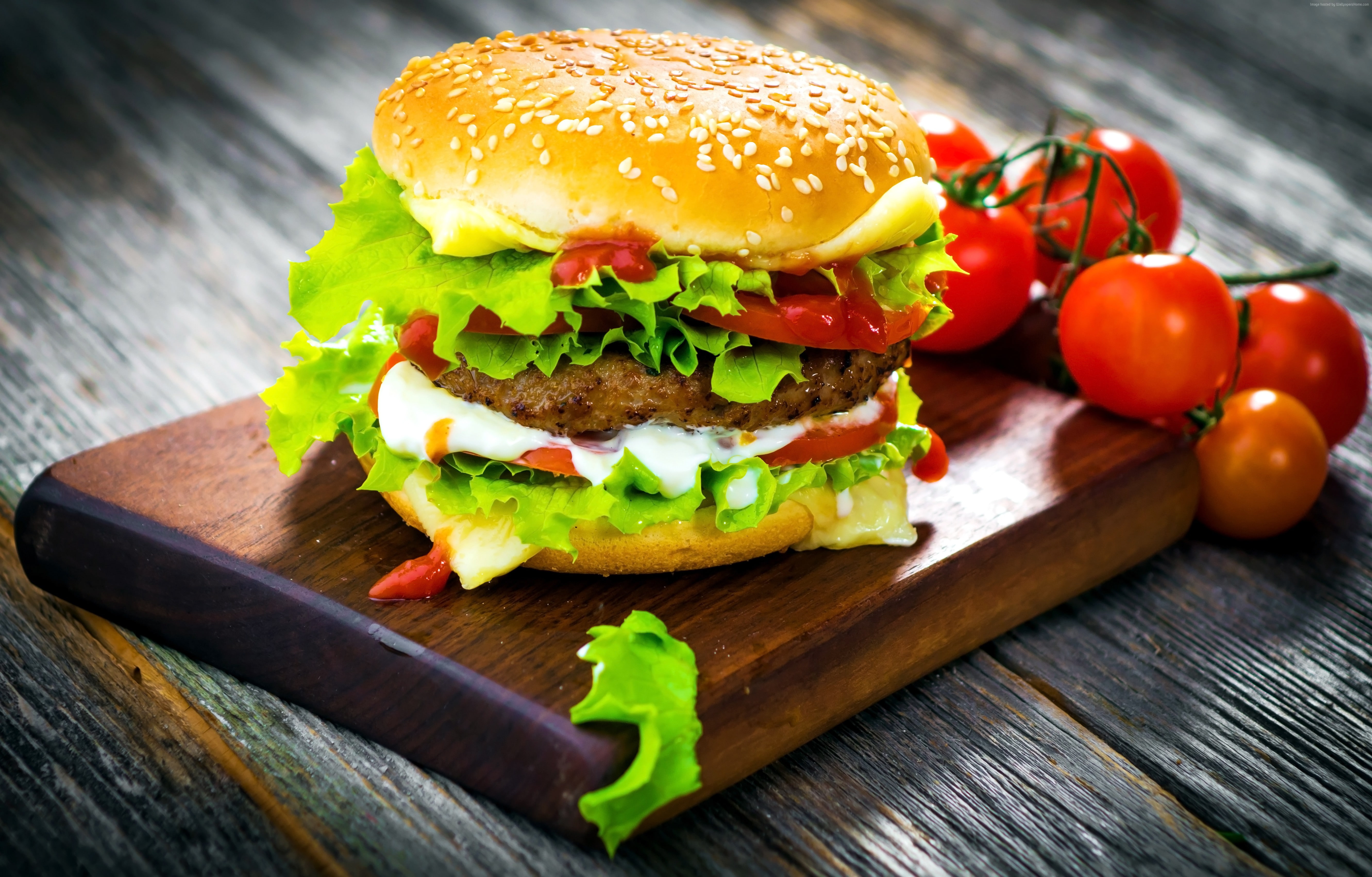 hamburger, salad, bun, tomato, 5K, cheese., burger, HD Wallpaper