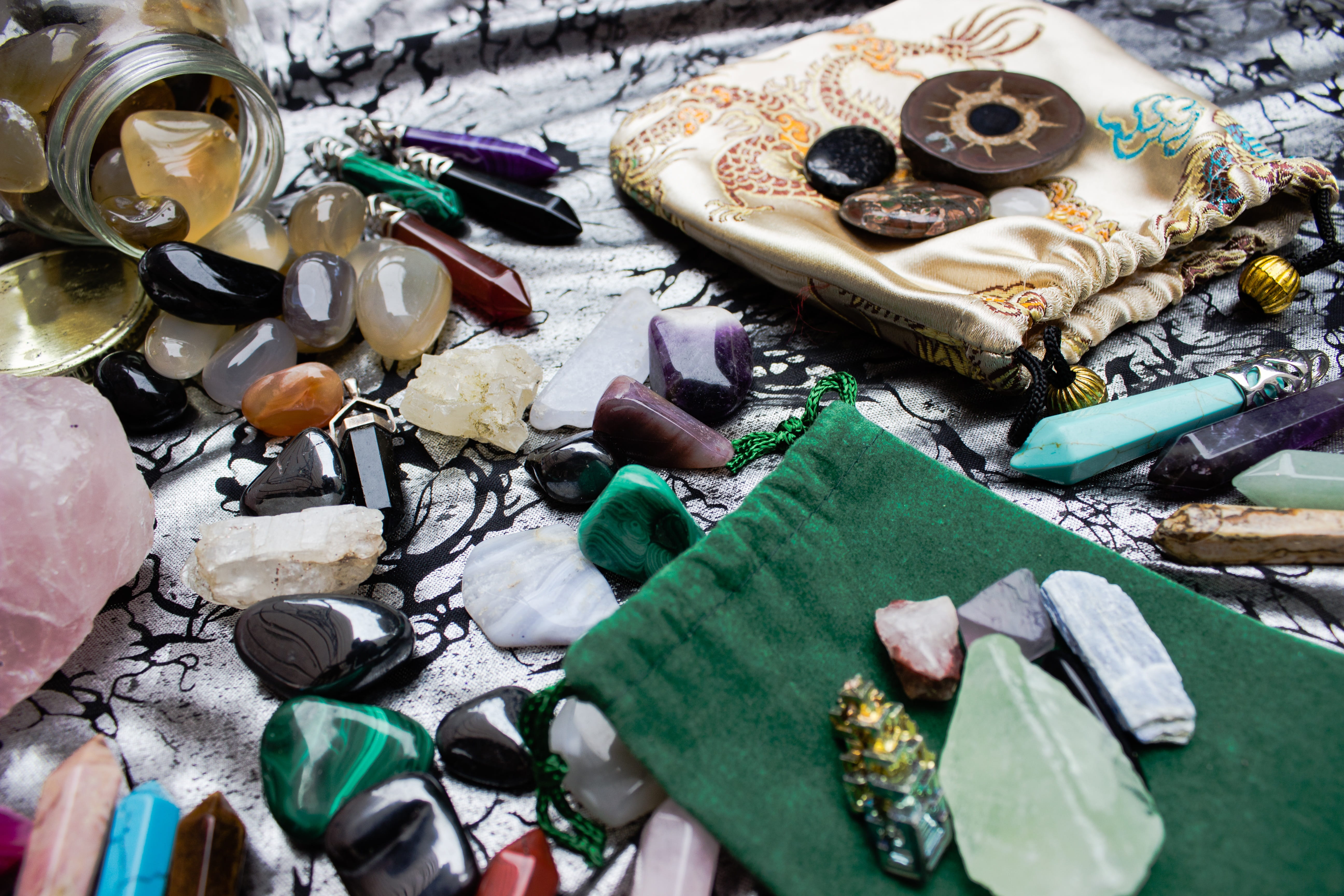 messy, no people, indoors, spiritual, mineral, shiny, semi-precious gem, high angle view, 5K, pouch, large group of objects, jewel, stone, luxury, healing, HD Wallpaper