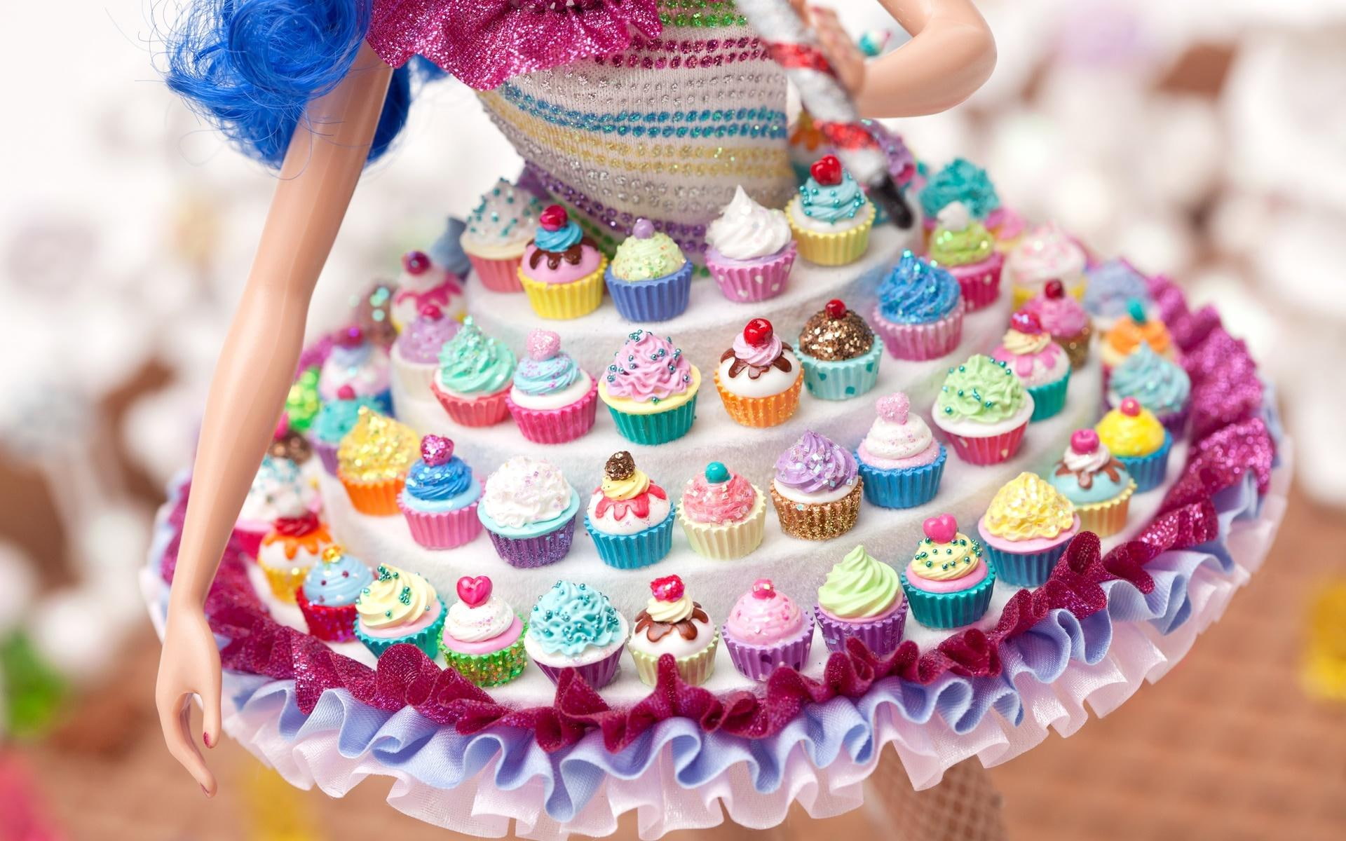 barbie, desserts, 1080P, delicious, color, dress, doll, sweets, toy, assorted, cupcake, 3d and abstract, food, cupcakes, HD Wallpaper