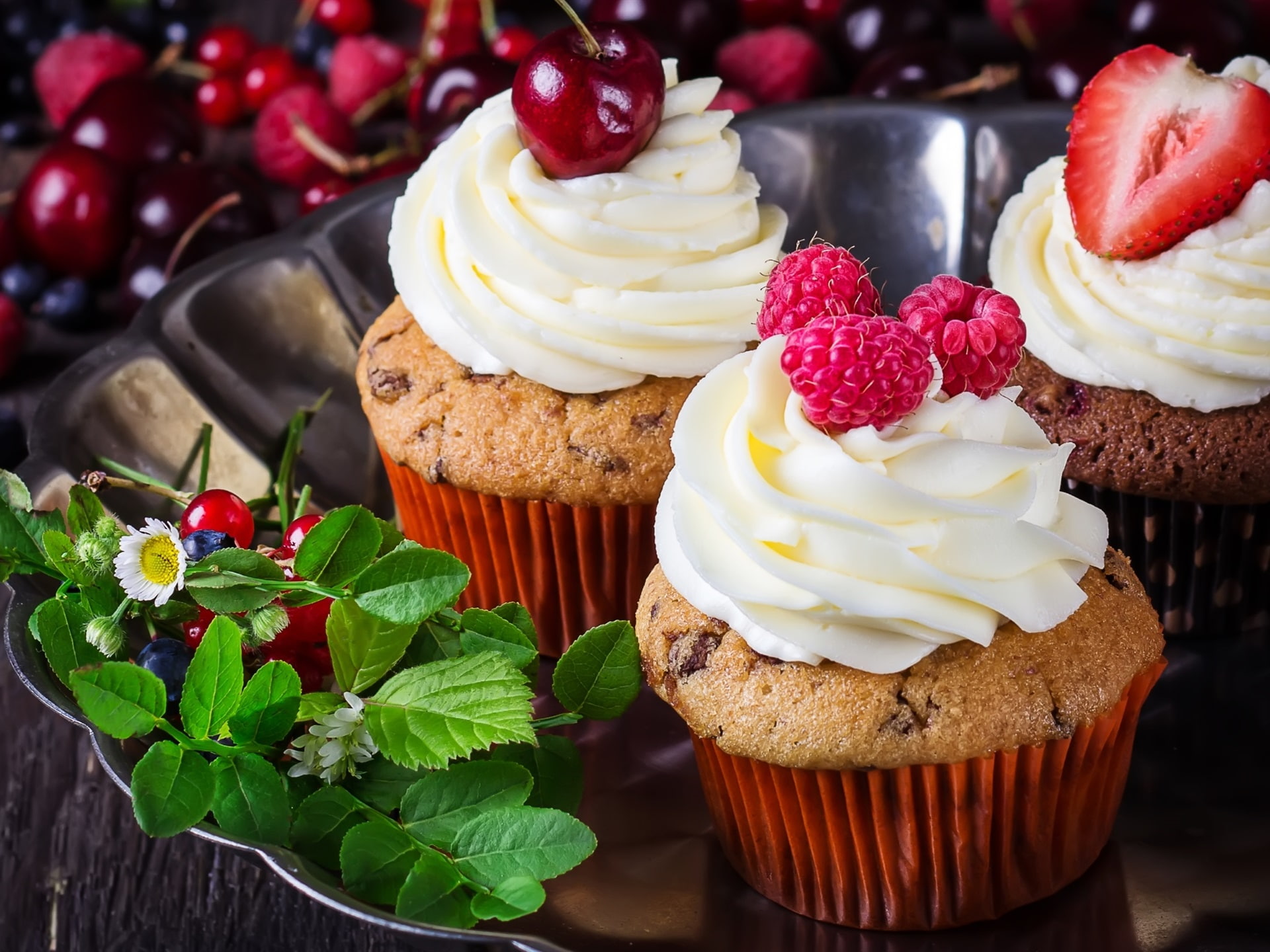 Dessert, Cream, Berries, 1080P, Muffins, Cakes, HD Wallpaper