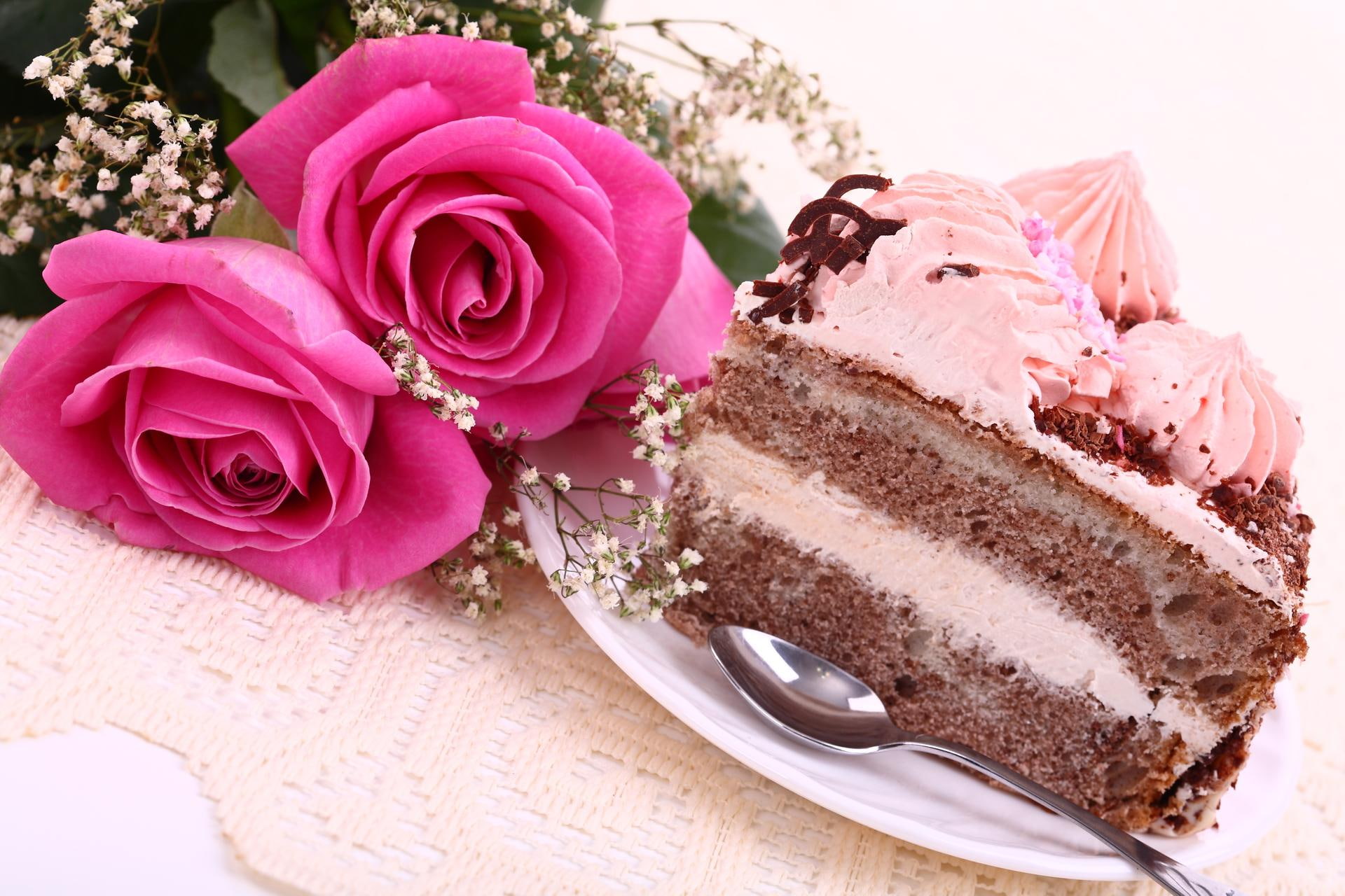 1080P, photography, flowers, delicious, sweeet, bouquet, temptation, flower, pink, cool, cake, harmony, nice, beautiful, roses, HD Wallpaper