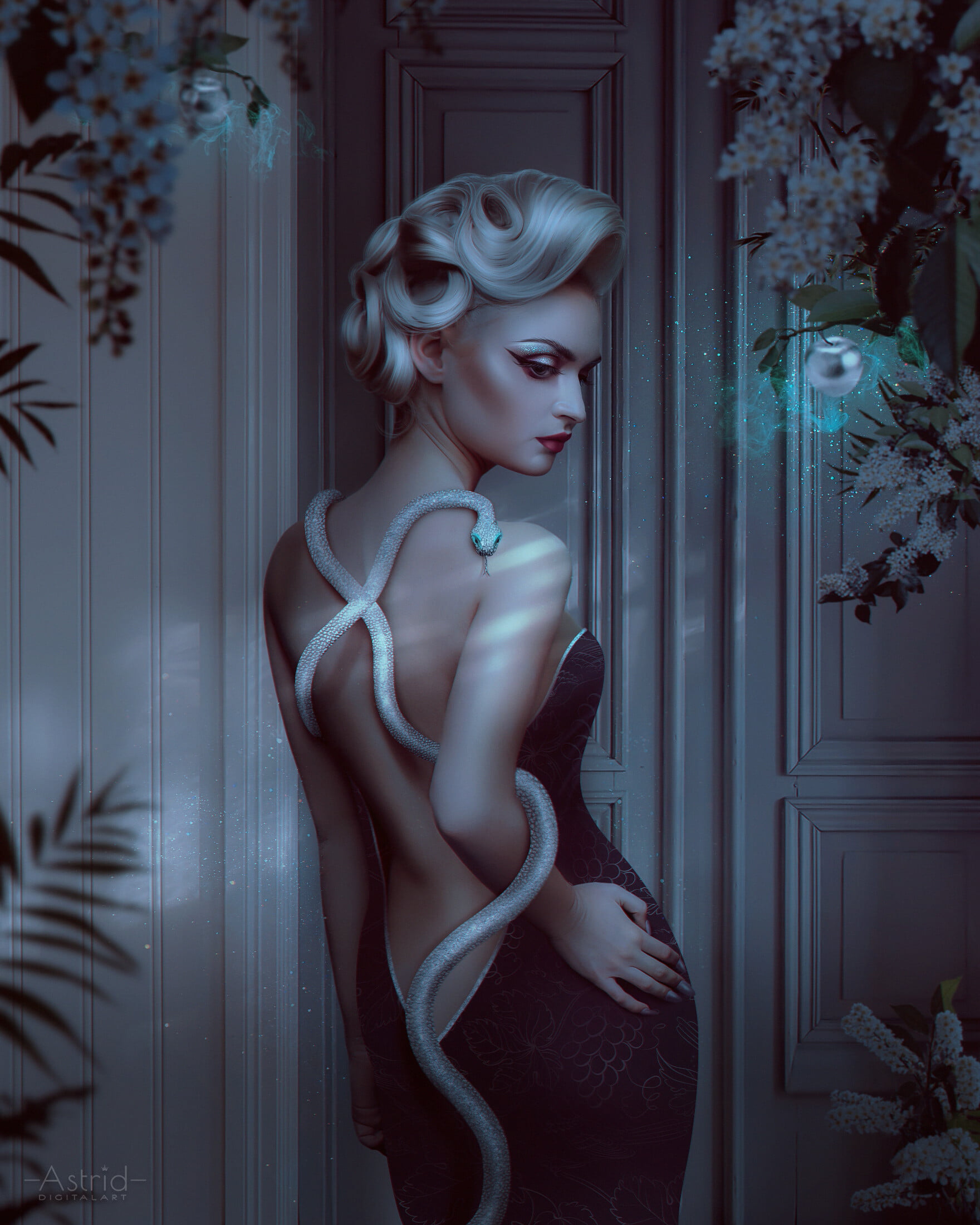 Anna Astrid, snake, digital art, digital painting, back, backless, drawing, blonde, women, 1080P, Backless Clothing, artwork, dress, white hair, flowers, Phone HD Wallpaper