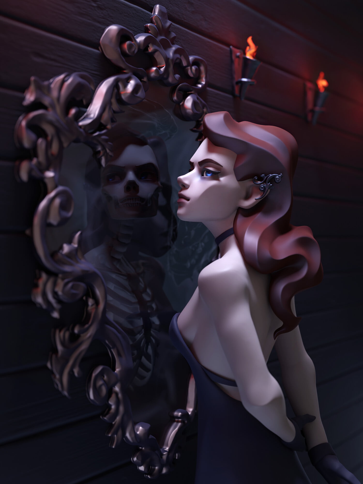 3D, standing, ArtStation, portrait display, demon girls, sideboob, blue eyes, bareback, mirror, bare shoulders, digital art, women, CGI, reflection, redhead, Phone HD Wallpaper