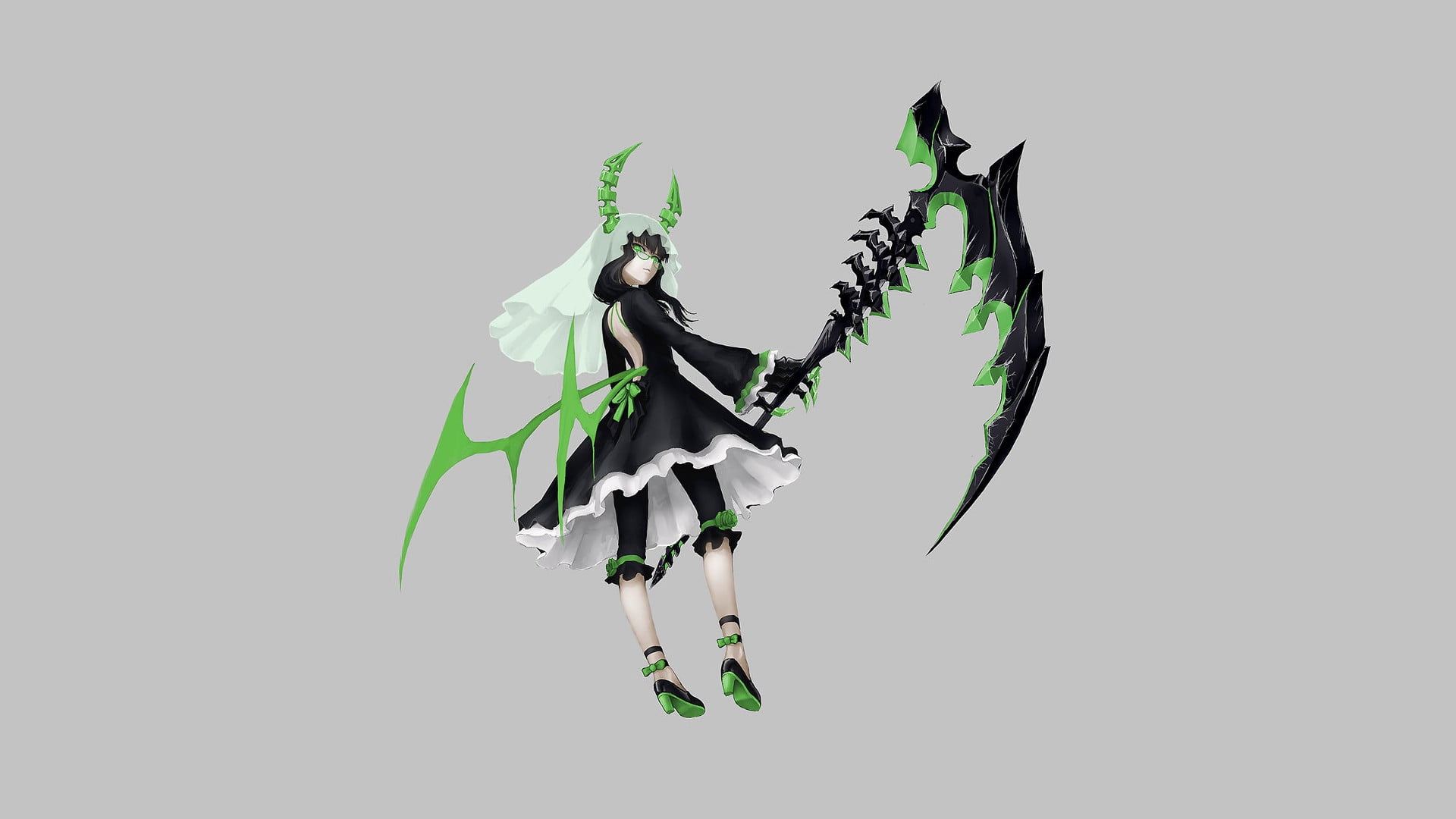 horns, 1080P, Dead Master, dress, claws, Black Rock Shooter (series), weapon, bareback, long hair, pants, brunette, scythe, meganekko, wings, glasses, HD Wallpaper