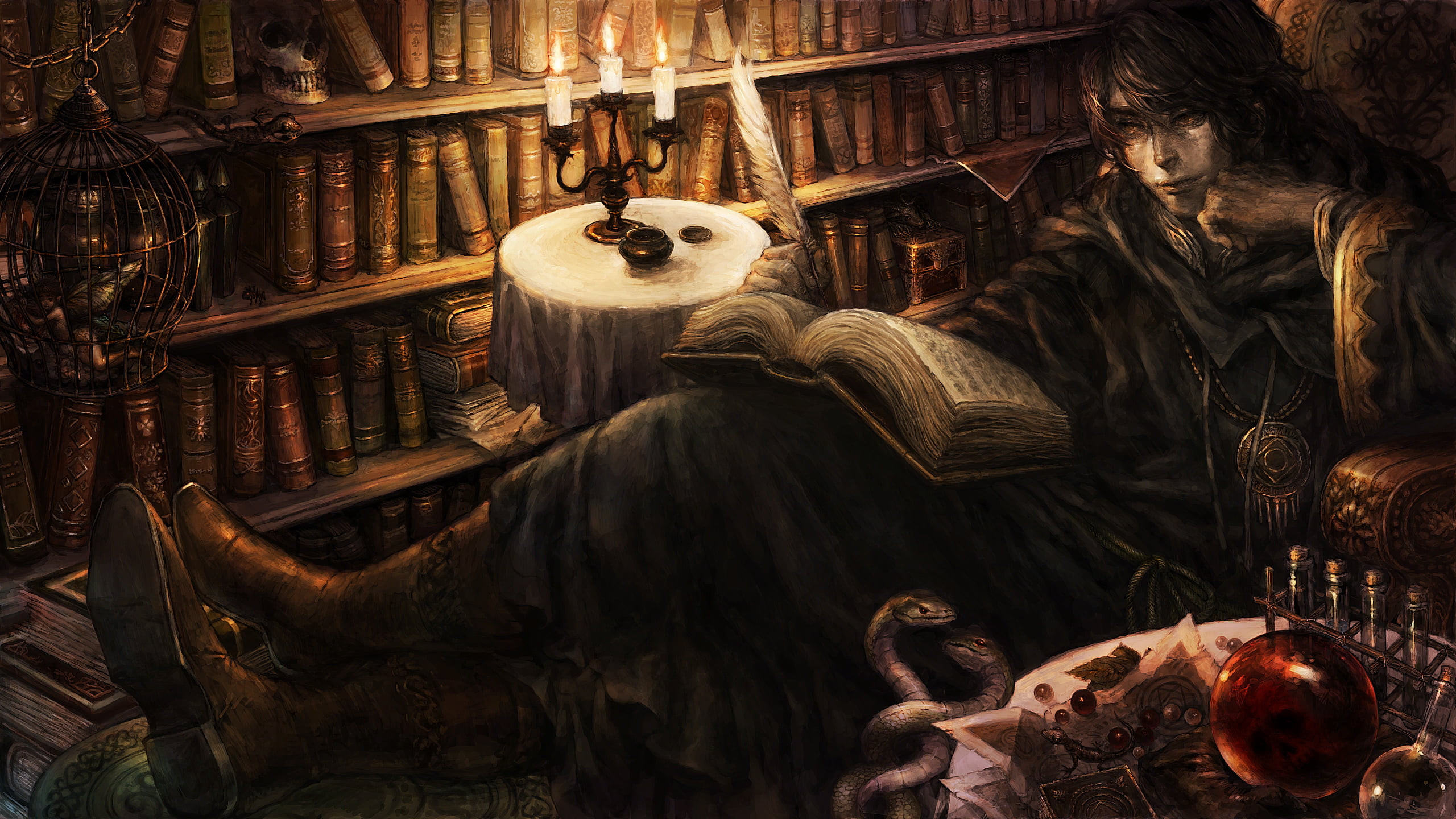 2K, people, adult, the past, painting, decoration, choice, indoors, library, candles, representation, abundance, poet, women, leaning, man, shelf, books, HD Wallpaper