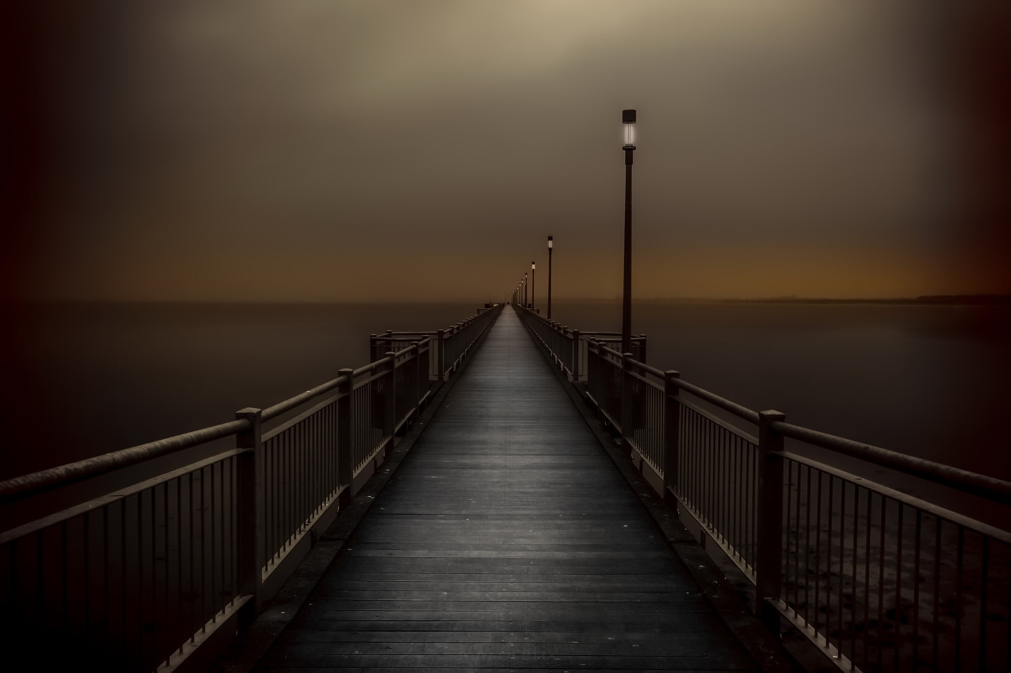 tranquility, tranquil scene, dark, built structure, bridge, the way forward, direction, connection, sunset, horizon over water, railing, street light, nature, HD Wallpaper