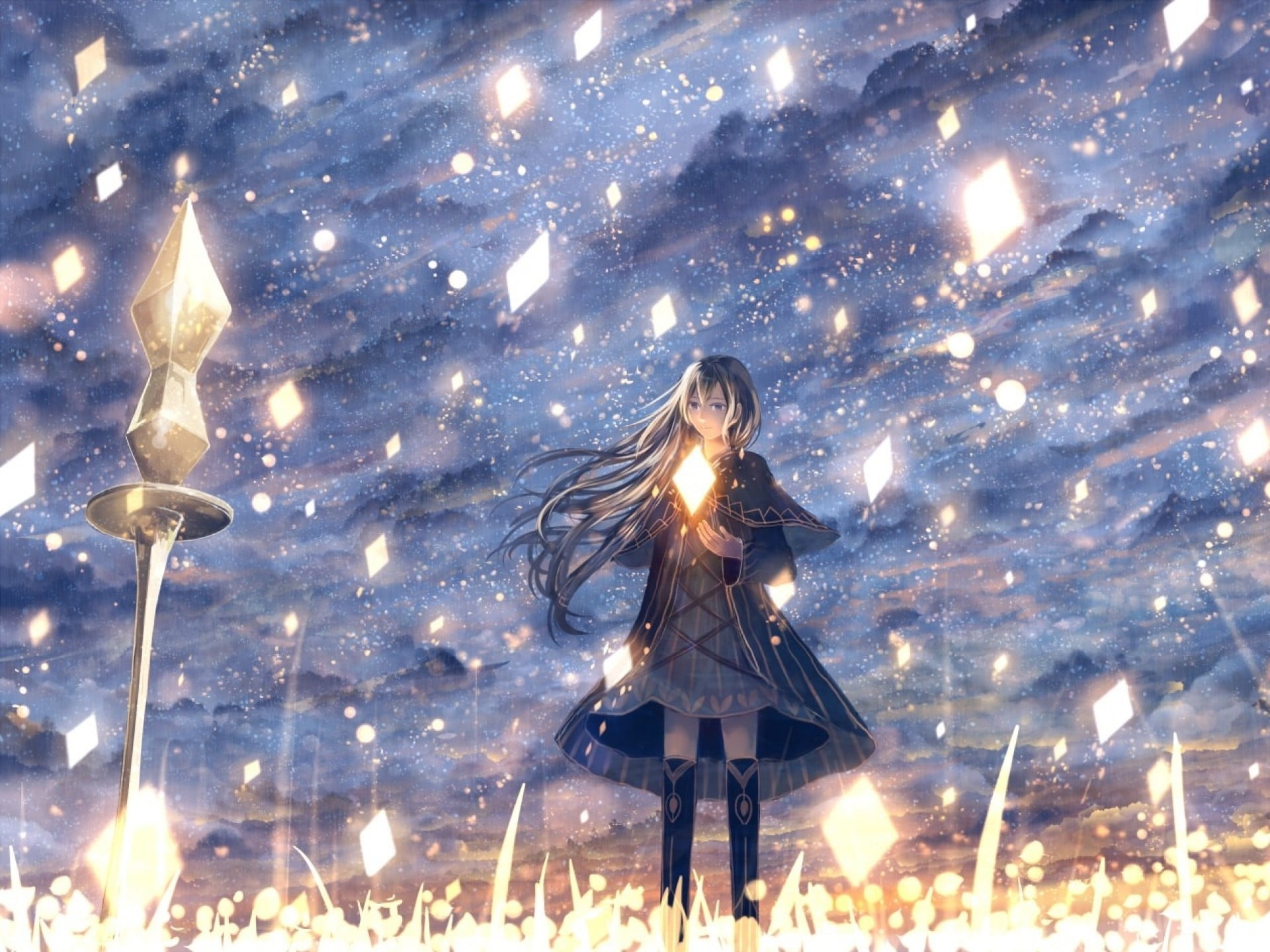 lighting equipment, decoration, casual clothing, light, sky lanterns, leisure activity, outdoors, adult, anime girls, warm clothing, winter, one person, HD Wallpaper