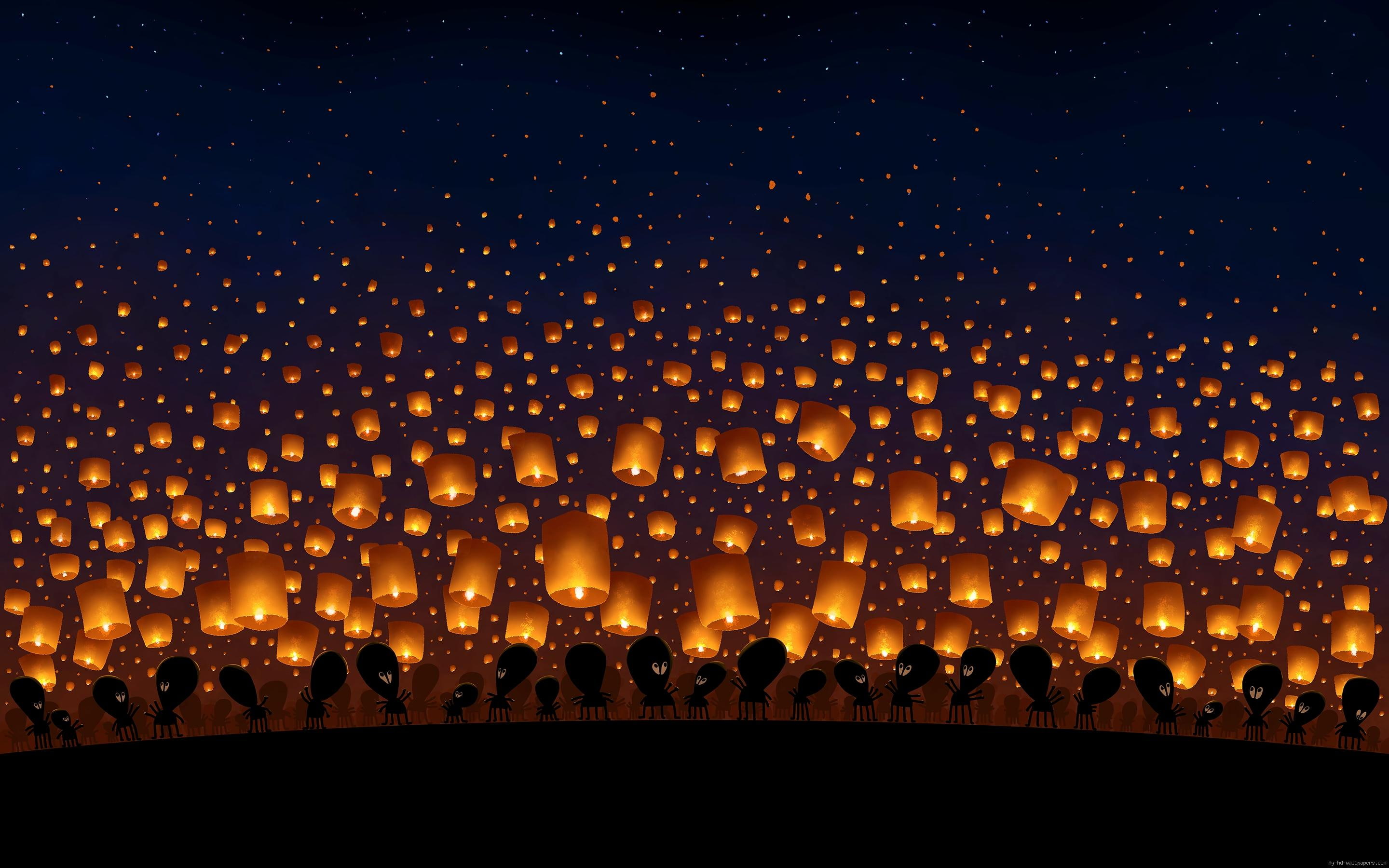 light, night, looking, lot, lantern, sky, alien, diverse, 2K, lanterns, HD Wallpaper