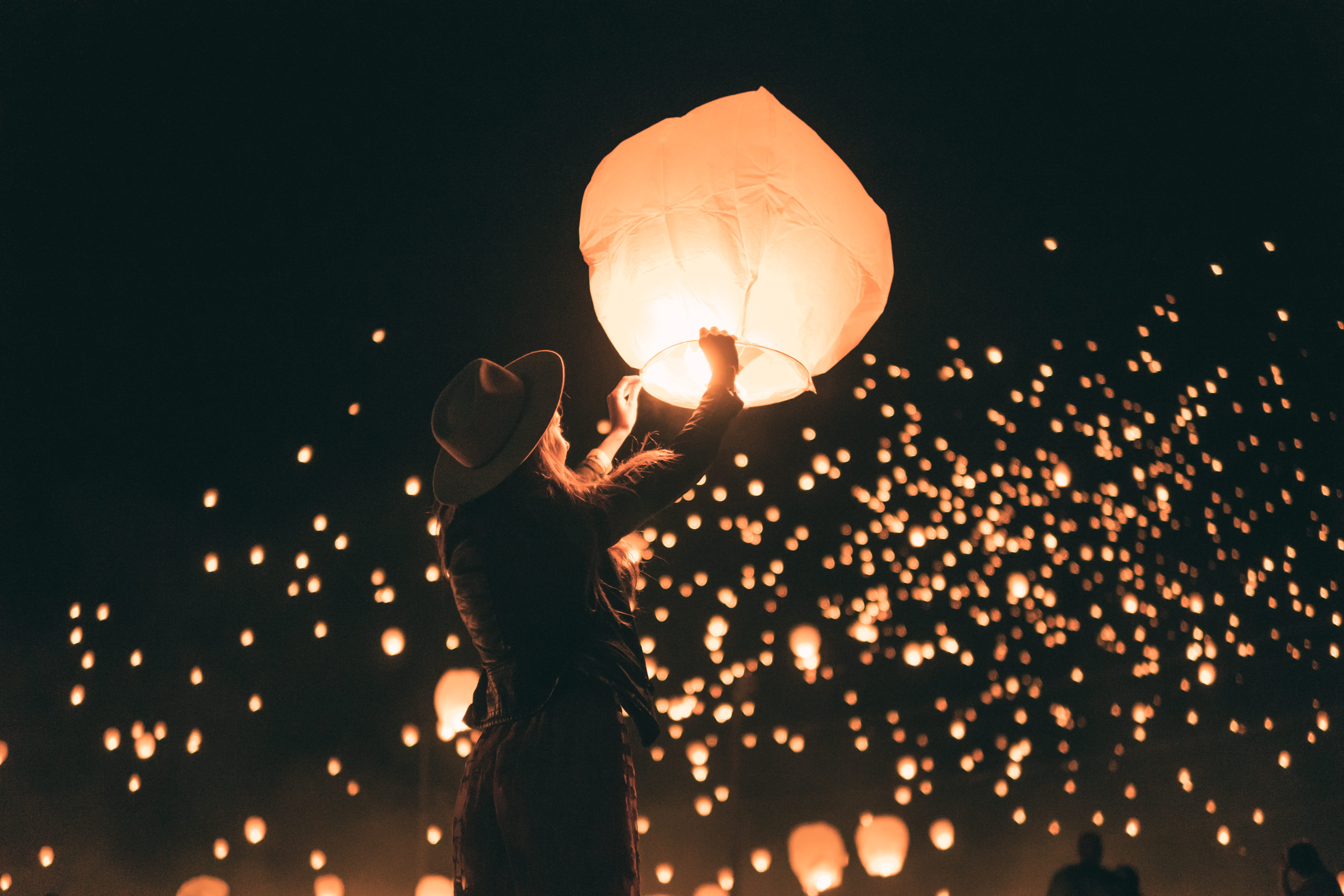 holding, human arm, lady, lighting equipment, nature, chinese lantern, 5K, dark, arms raised, human body part, outdoors, lantern, hat, model, magical, HD Wallpaper
