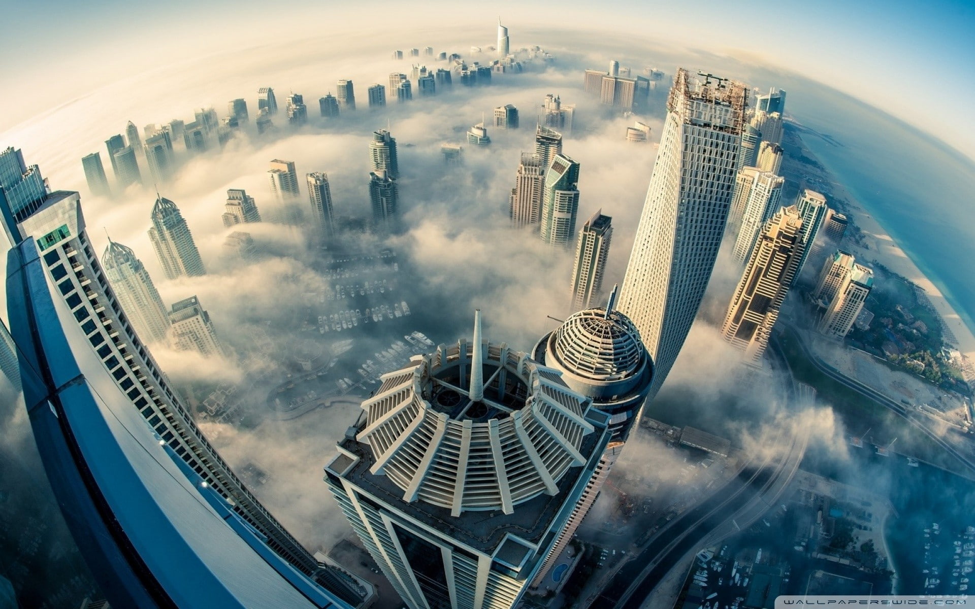 city, lanterns, clouds, 1080P, sky, dubai, heights, photography, skyscraper, HD Wallpaper
