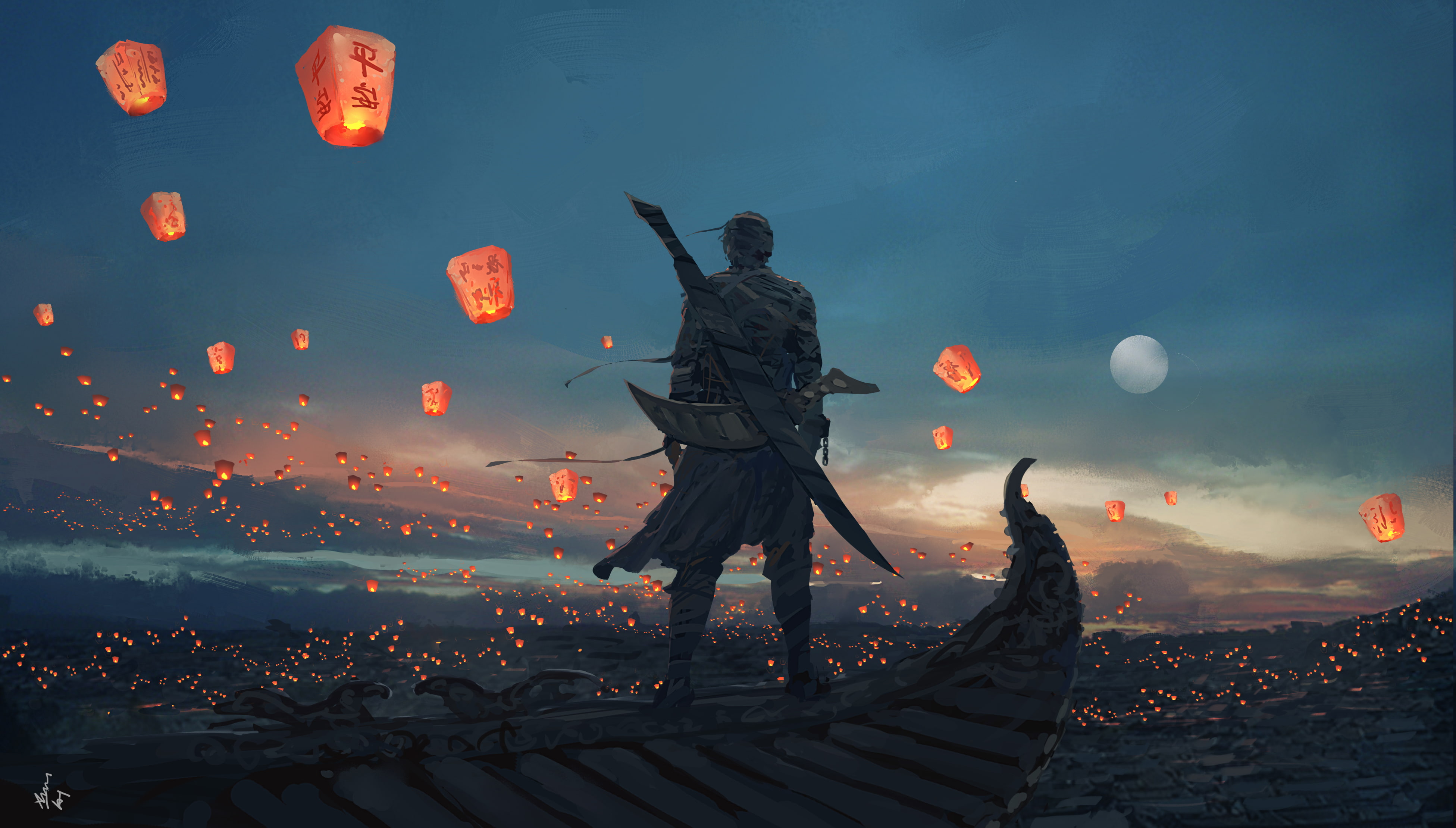 candles, sword, outdoors, standing, full length, Moon, men, nature, one person, WLOP, 4K, sunset, digital art, representation, digital composite, real people, HD Wallpaper