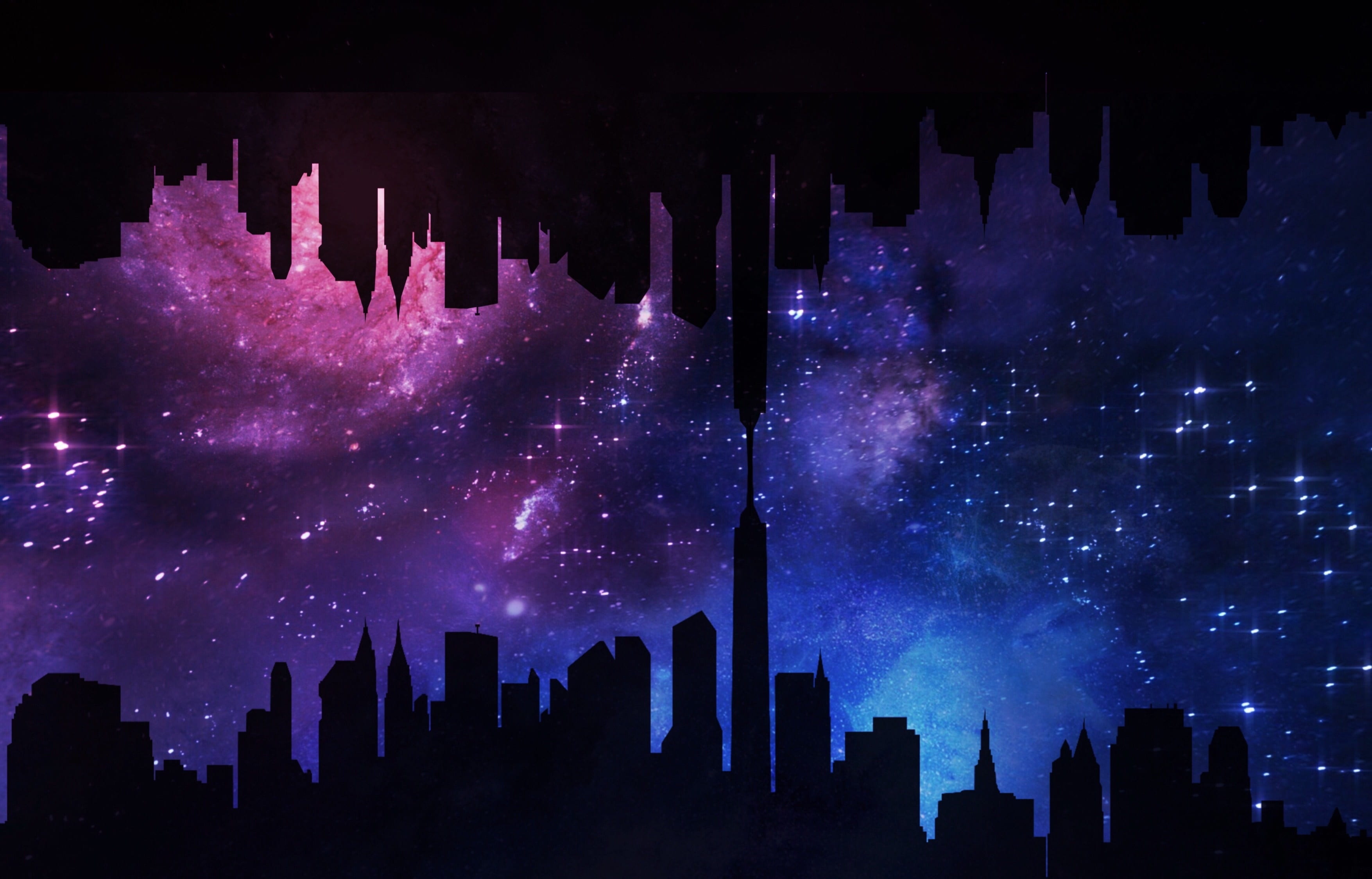 architectural column, architecture, nature, sky, silhouette, astronomy, building, outdoors, star, digital, skyscraper, office building exterior, purple, HD Wallpaper