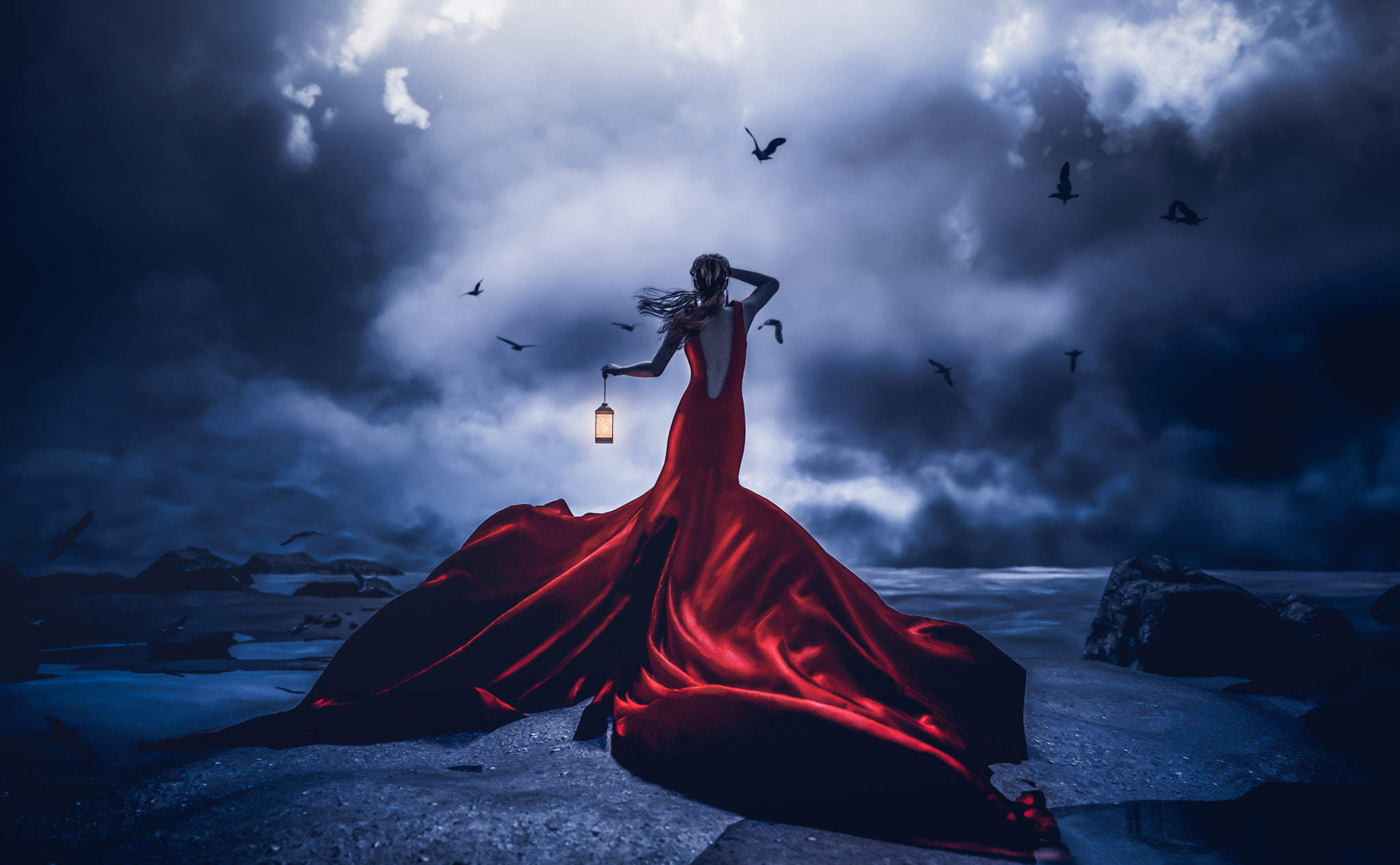 women, red dress, 500px, clouds, Samantha Wells, lantern, sky, artwork, 1080P, dark, HD Wallpaper