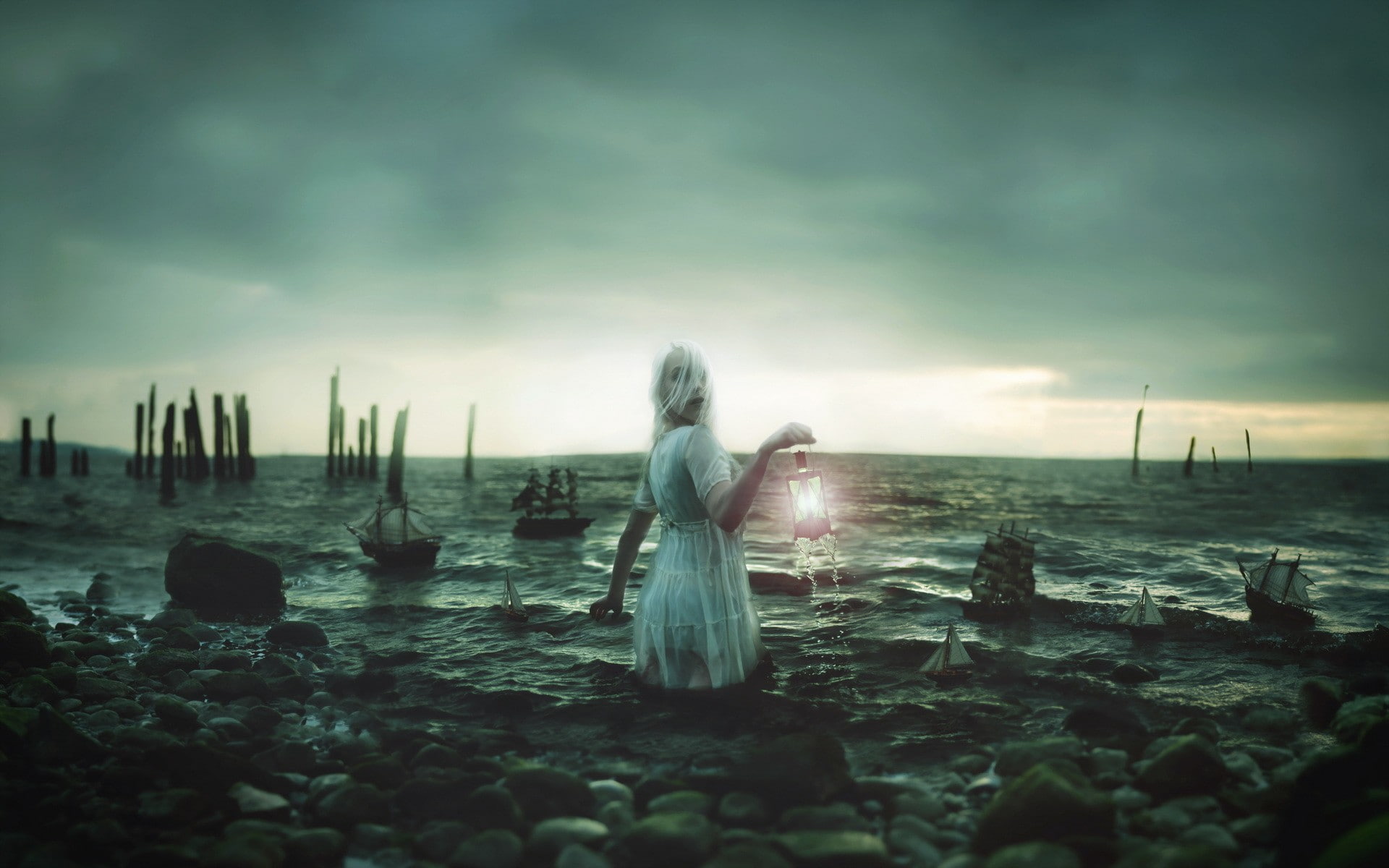 outdoors, tranquil scene, fantasy girl, lantern, rear view, sky, one person, scenics - nature, beauty in nature, sea, real people, land, beach, tranquility, HD Wallpaper