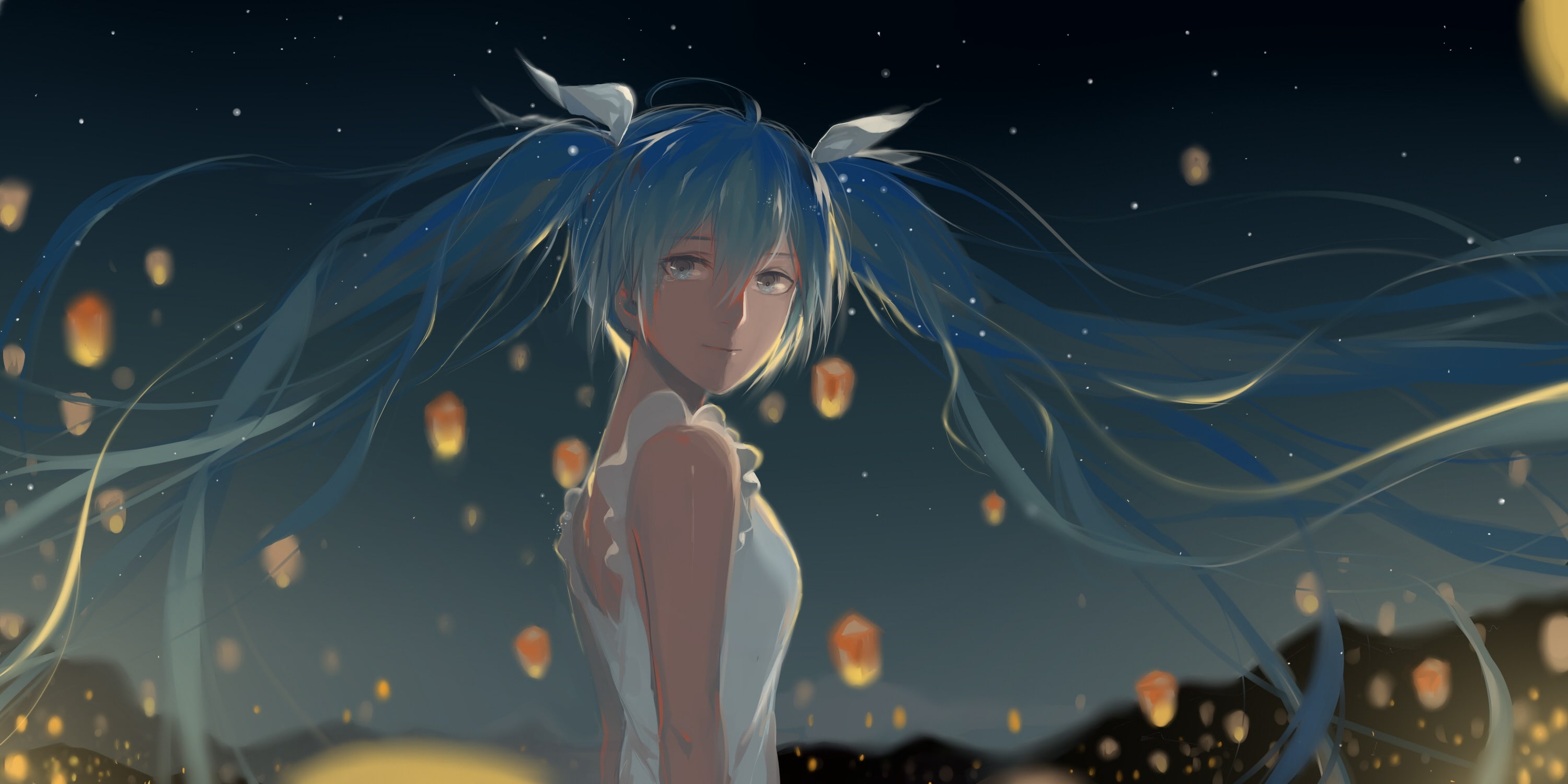 sky lanterns, blue hair, lights, twintails, anime, anime girls, Hatsune Miku, 2K, Vocaloid, HD Wallpaper