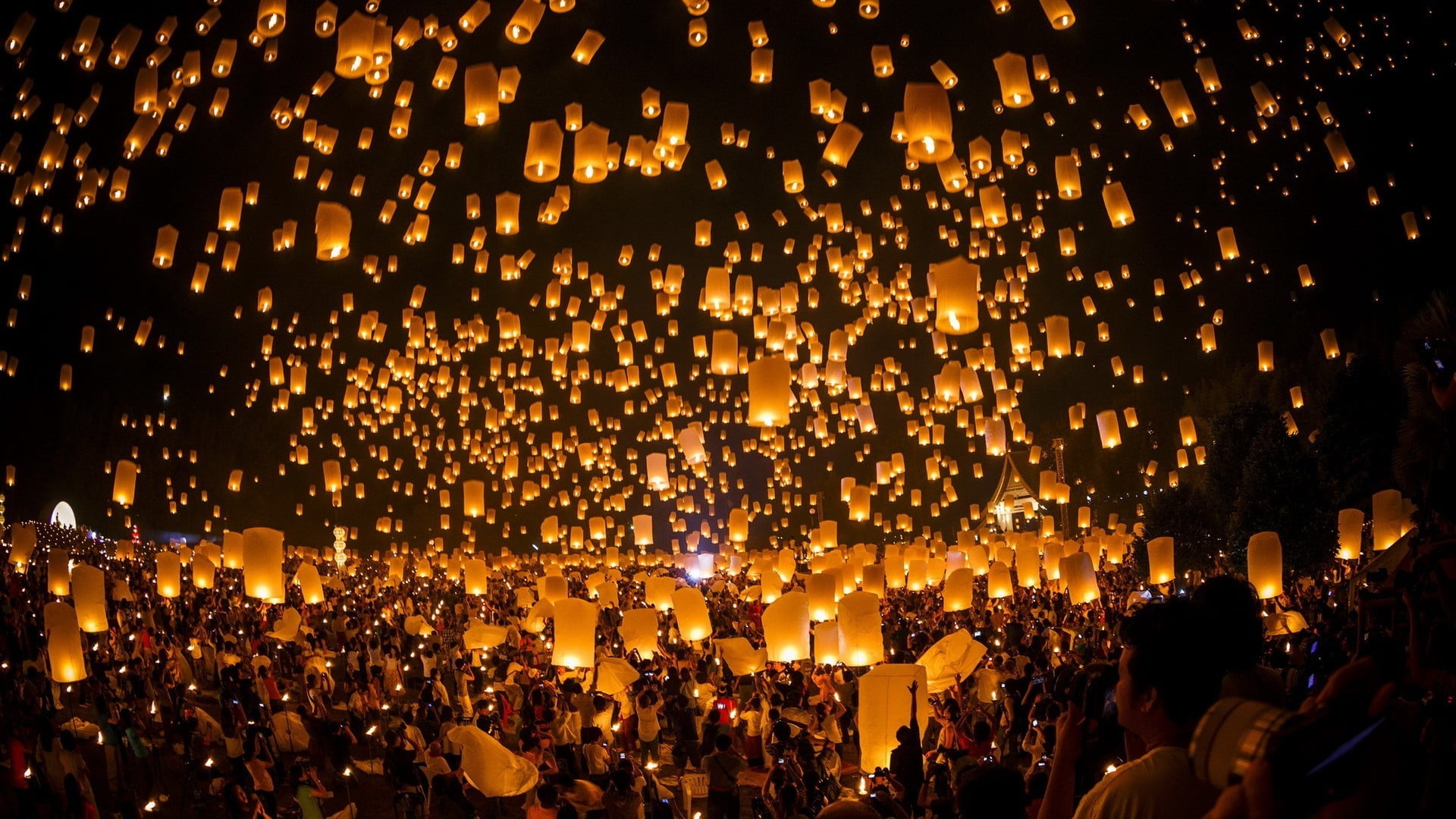 outdoors, paper lantern, nature, lantern, event, group of people, lanterns, real people, festival, sky, crowd, orange, festivals, lamp, 1080P, celebration, HD Wallpaper