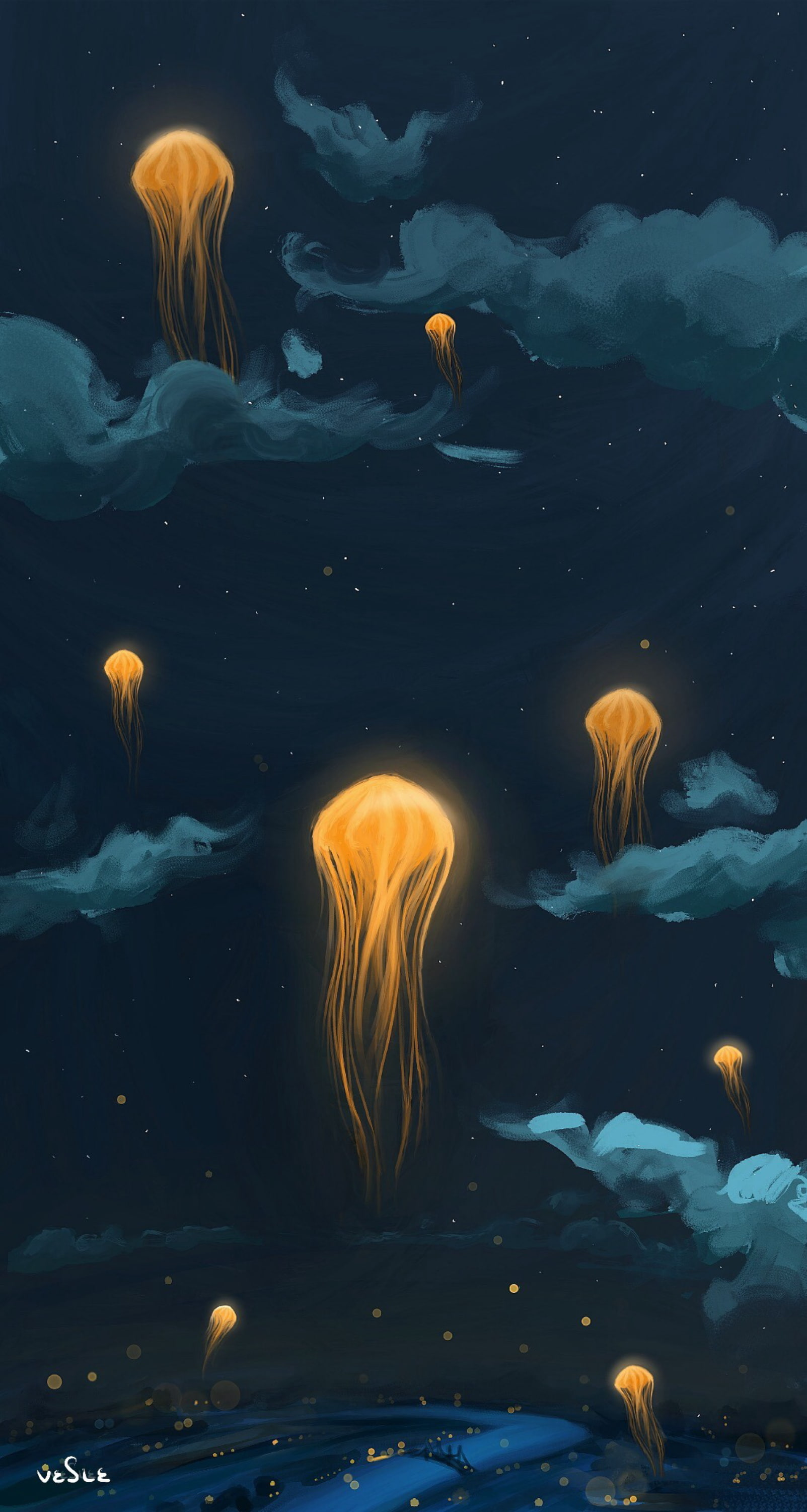 fantastic, night, lanterns, sky, 2K, art, jellyfish, Phone HD Wallpaper