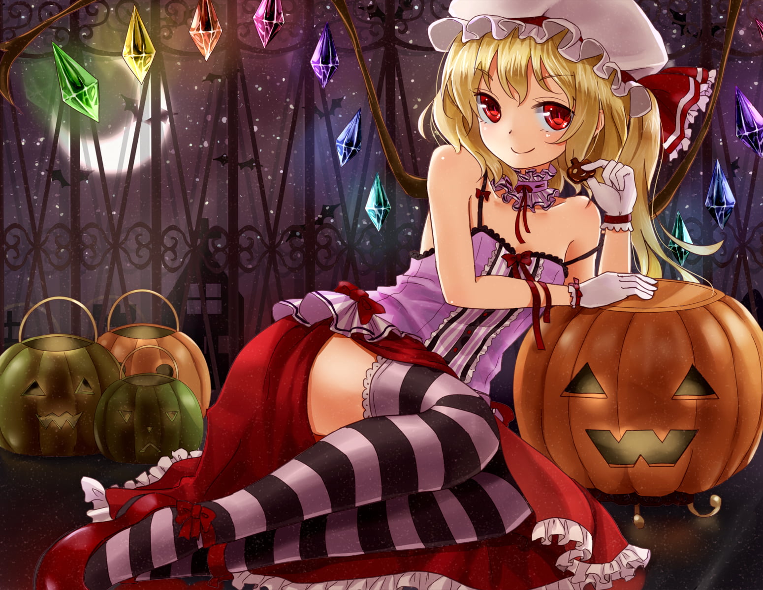 multi colored, Flandre Scarlet, bare shoulders, window, looking at viewer, lying down, sale, ribbon, retail, 720P, choice, store, shopping, red shoes, HD Wallpaper