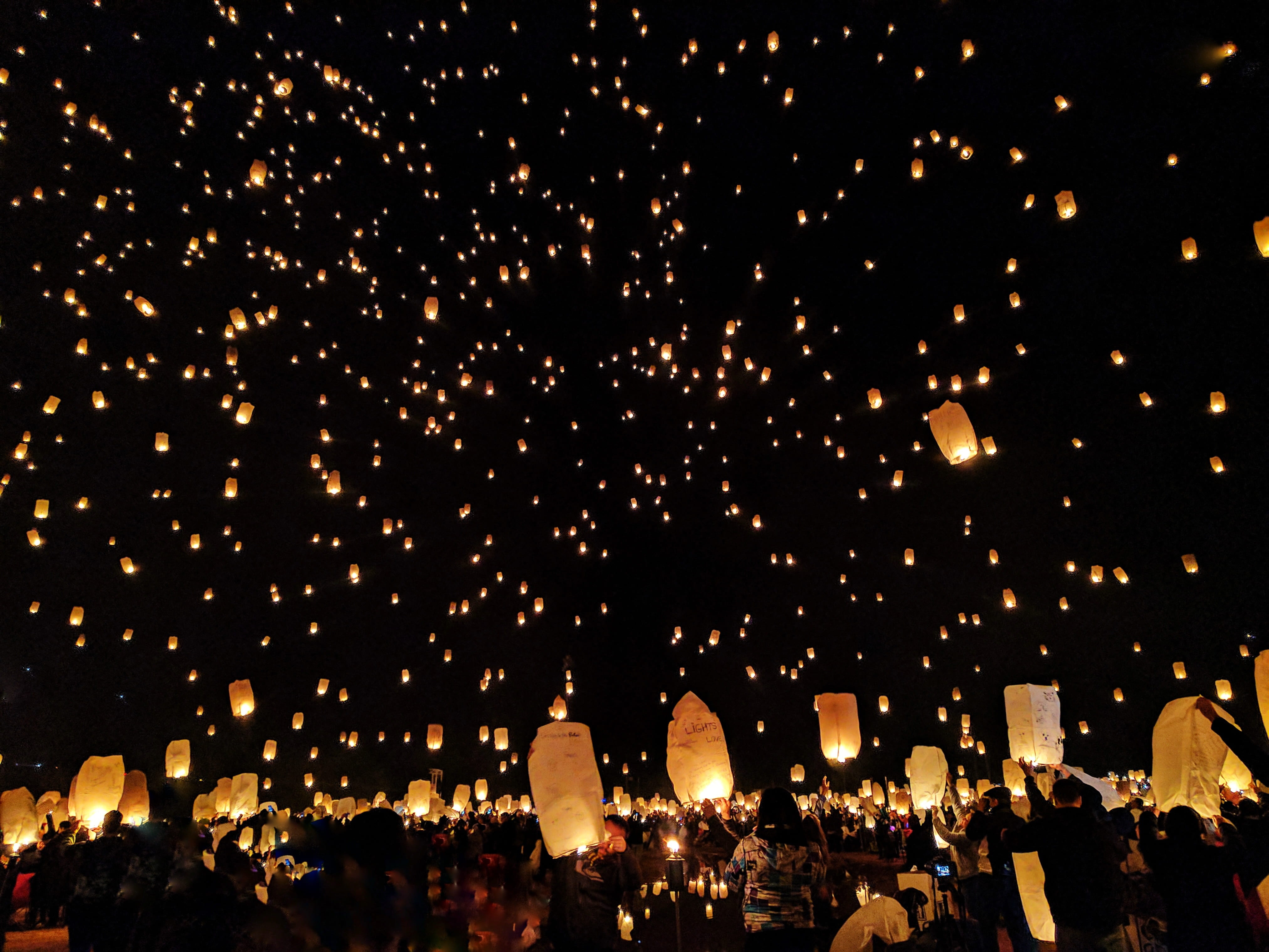 firework, firework display, women, paper lantern, event, dark, traditional festival, lantern, nature, night, fire, outdoors, party, sky, crowd, large group of people, HD Wallpaper