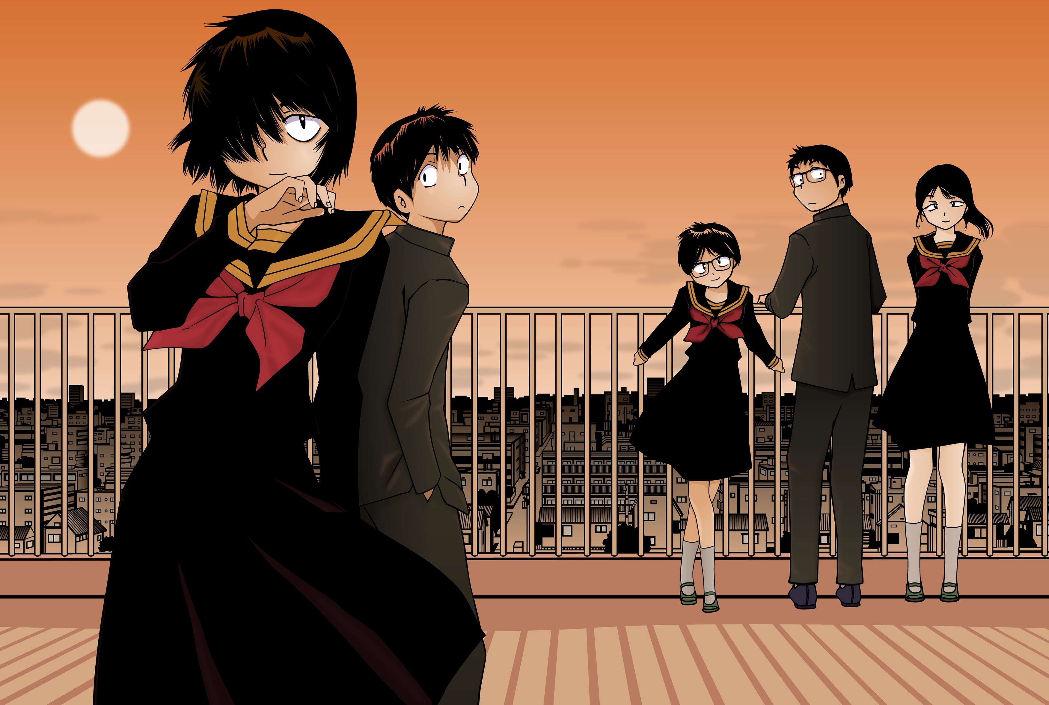 kanojo, hair, city, tagme, kneehighs, building, black, mikoto, nazo, short, urabe, vector, 2K, konachan, male, eyes, 244794, seifuku, (character), glasses, HD Wallpaper