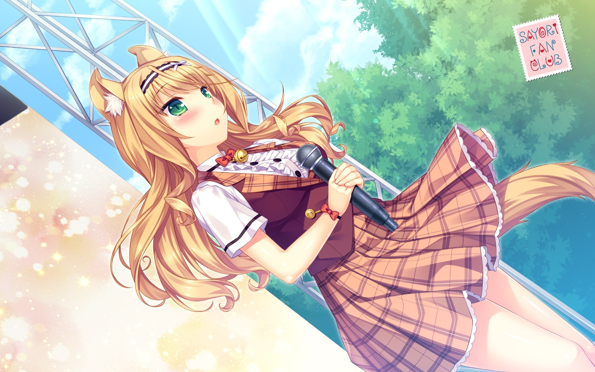 headband, com, nekopara, blonde, sayori, ears, sky, konachan, catgirl, tail, 1080P, green, microphone, (sayori), 245658, animal, bow, eyes, maple, long, HD Wallpaper